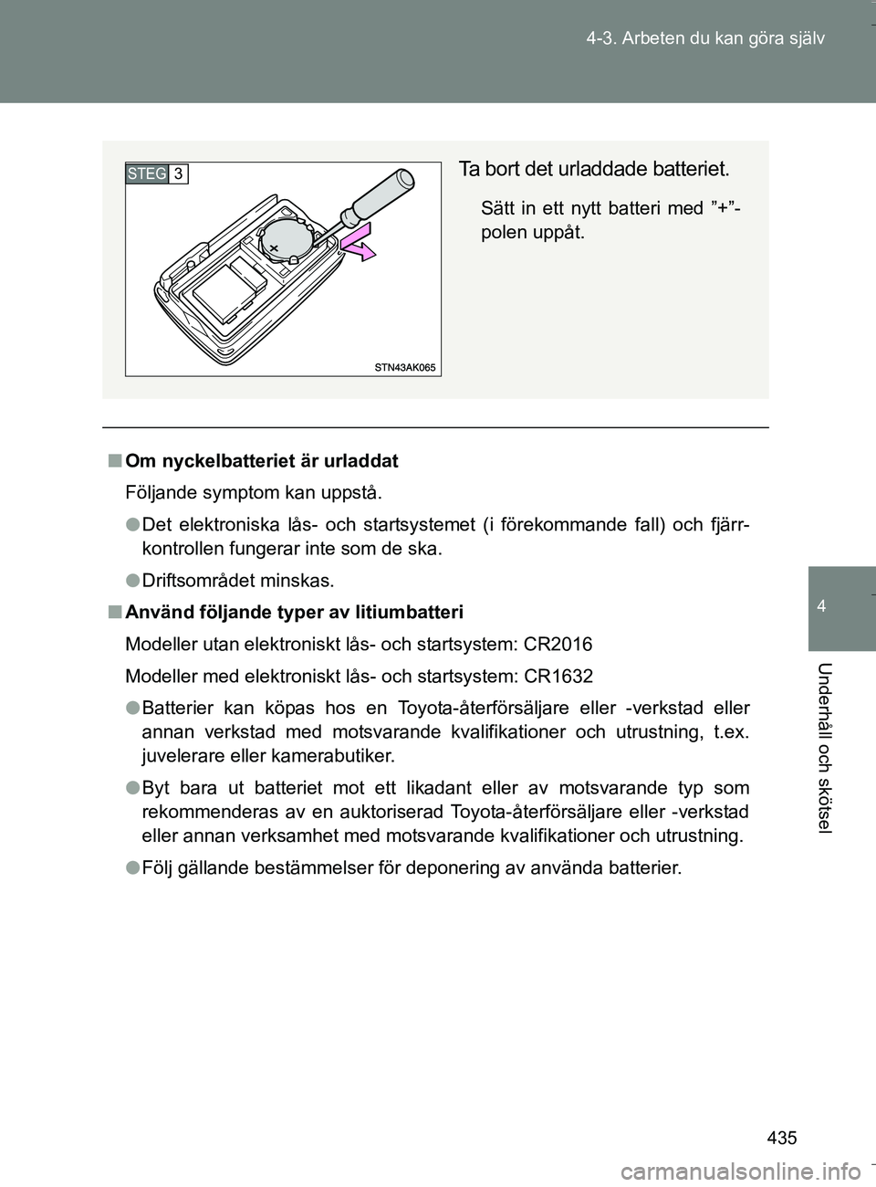 TOYOTA VERSO 2016  Bruksanvisningar (in Swedish) 435
4-3. Arbeten du kan göra själv
4
Underhåll och skötsel
OM64590SE
n
Om nyckelbatteriet är urladdat
Följande symptom kan uppstå.
l Det elektroniska lås- och startsystemet (i förekommande fa