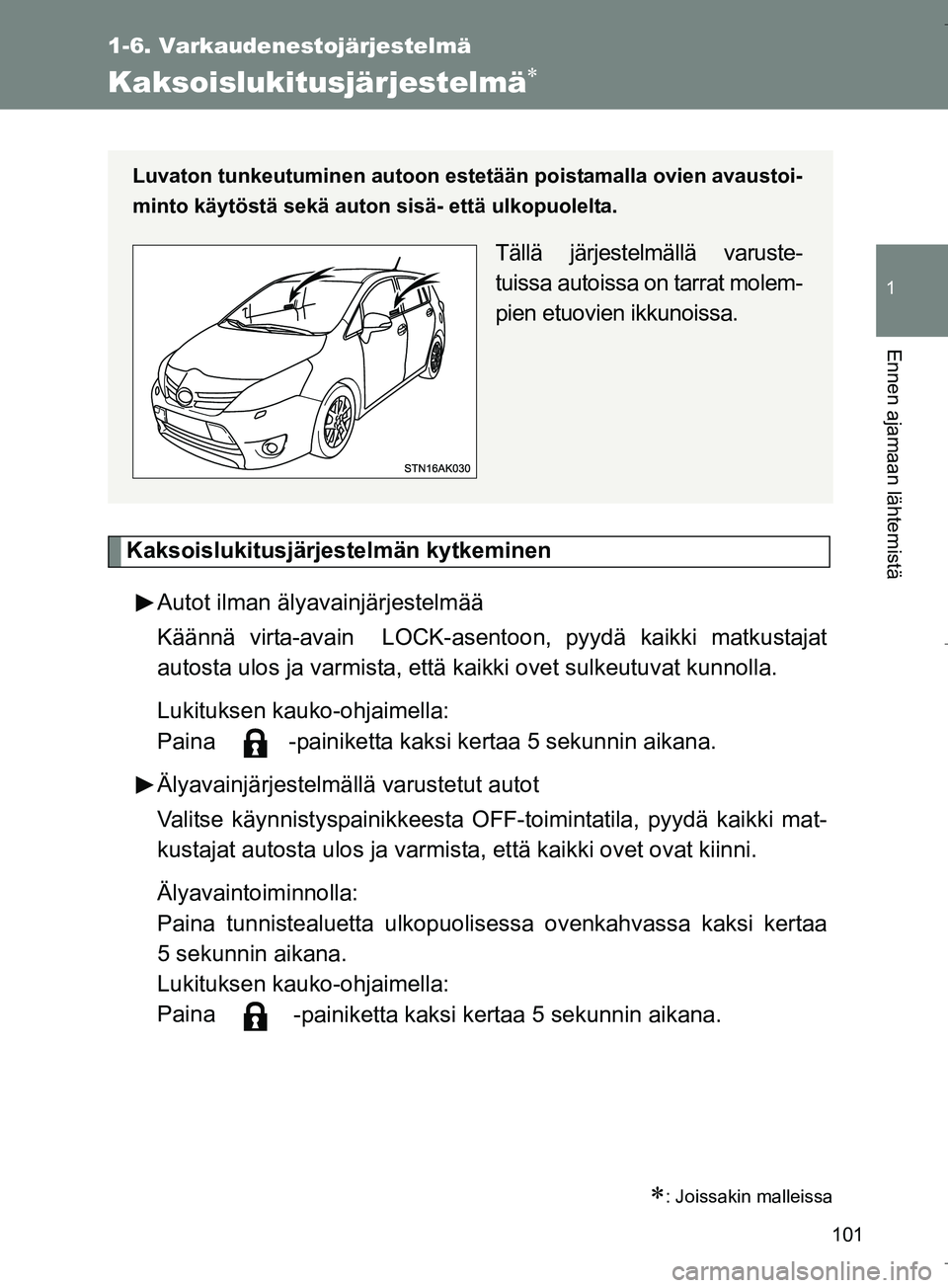 TOYOTA VERSO 2016  Omistajan Käsikirja (in Finnish) 101
1
1-6. Varkaudenestojärjestelmä
Ennen ajamaan lähtemistä
OM64590FI
Kaksoislukitusjärjestelmä
Kaksoislukitusjärjestelmän kytkeminenAutot ilman älyavainjärjestelmää
Käännä virta-av