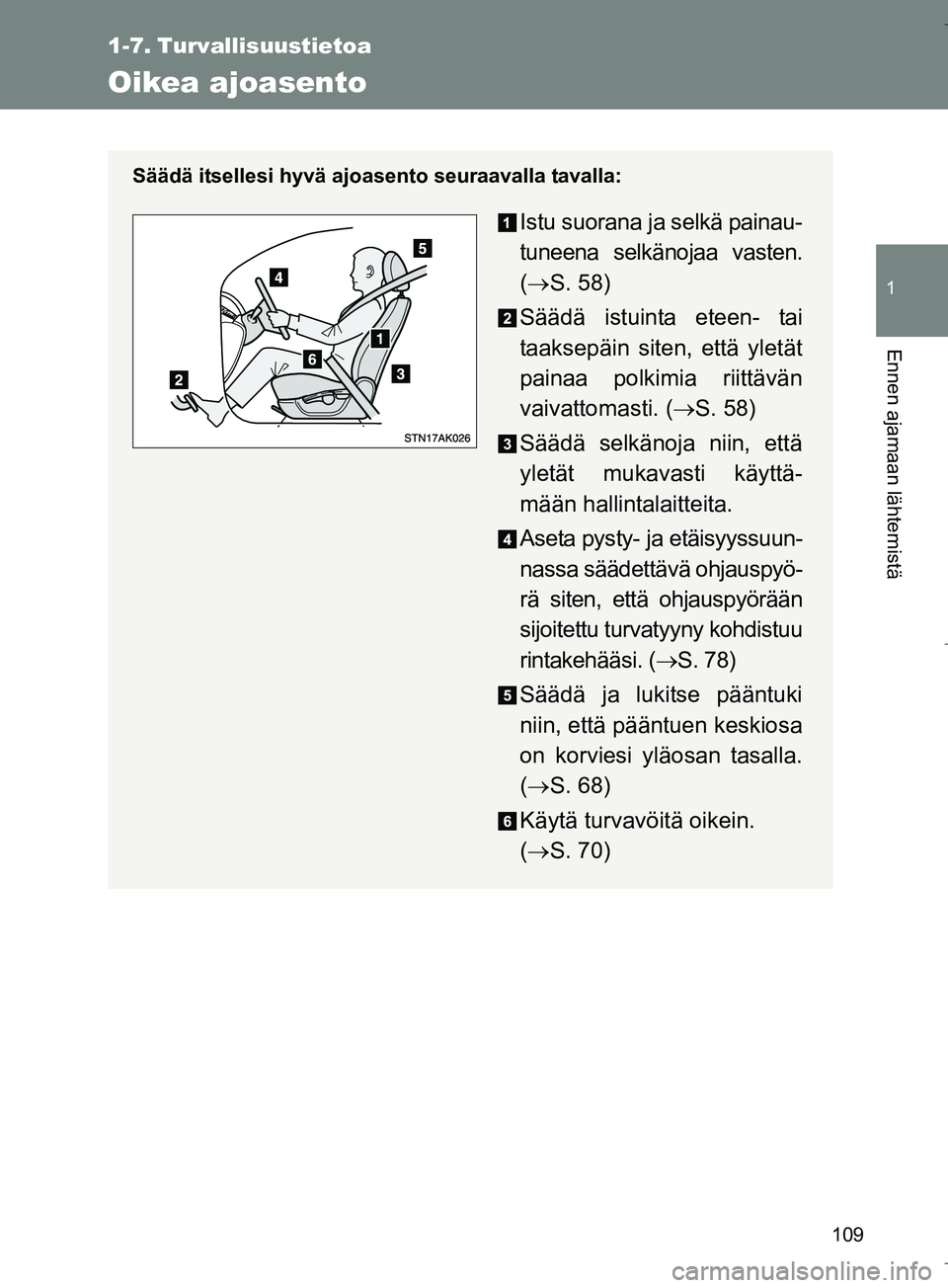 TOYOTA VERSO 2016  Omistajan Käsikirja (in Finnish) 109
1
Ennen ajamaan lähtemistä
OM64590FI
1-7. Turvallisuustietoa
Oikea ajoasento
Säädä itsellesi hyvä ajoasento seuraavalla tavalla:
Istu suorana ja selkä painau-
tuneena selkänojaa vasten.
(