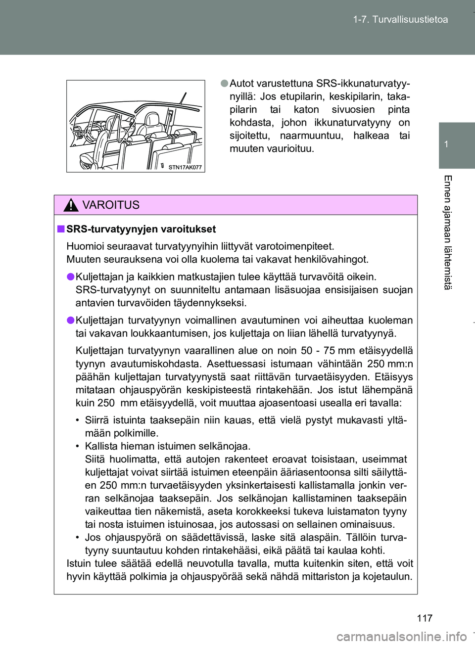 TOYOTA VERSO 2016  Omistajan Käsikirja (in Finnish) 117
1-7. Turvallisuustietoa
1
Ennen ajamaan lähtemistä
OM64590FI
VAROITUS
n
SRS-turvatyynyj en varoitukset
Huomioi seuraavat turvatyynyihin liittyvät varotoimenpiteet. 
Muuten seurauksena voi olla 
