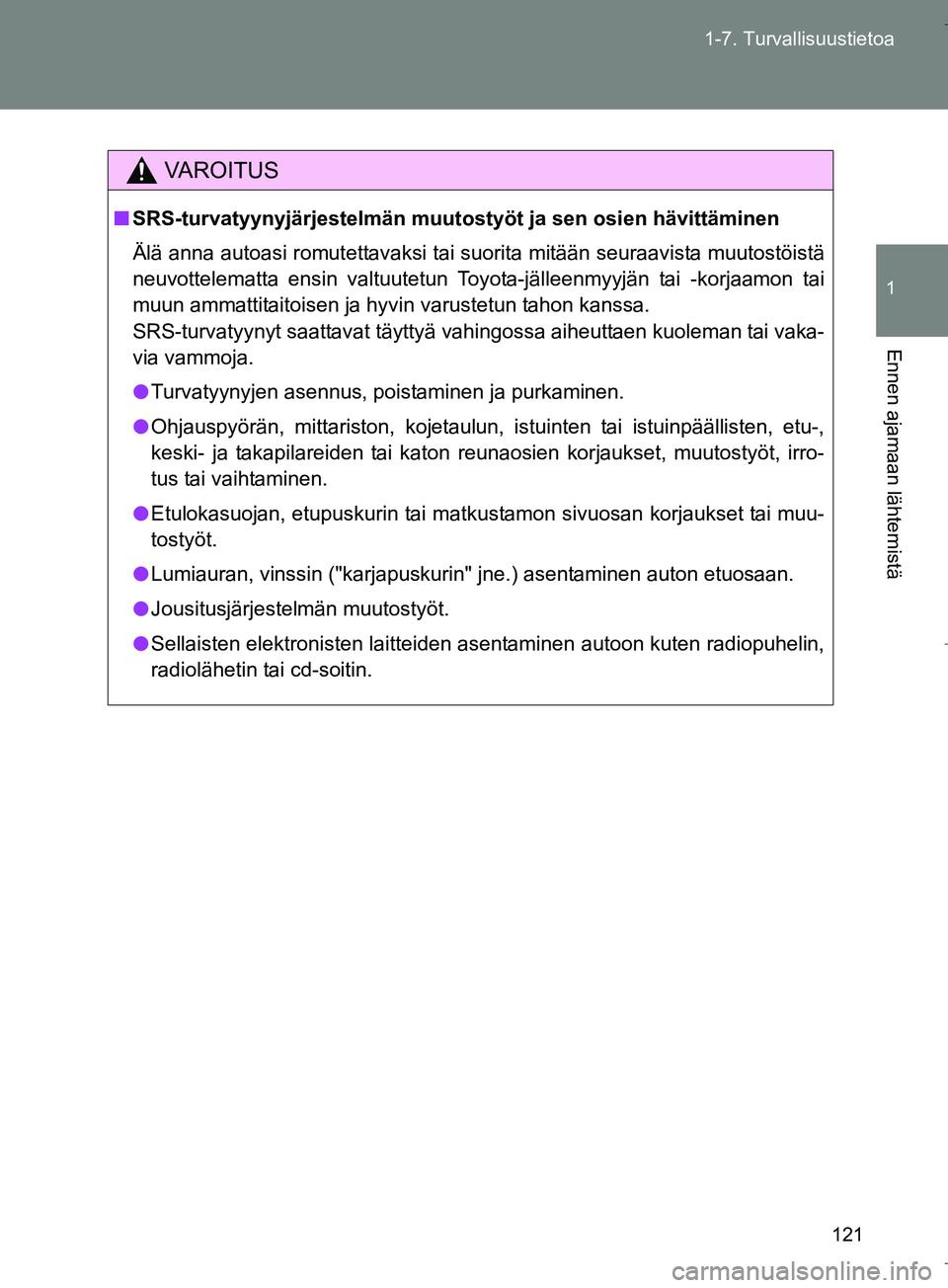 TOYOTA VERSO 2016  Omistajan Käsikirja (in Finnish) 121
1-7. Turvallisuustietoa
1
Ennen ajamaan lähtemistä
OM64590FI
VAROITUS
n
SRS-turvatyynyjärjestelmän muutos työt ja sen osien hävittäminen
Älä anna autoasi romutettavaksi tai suorita mitä