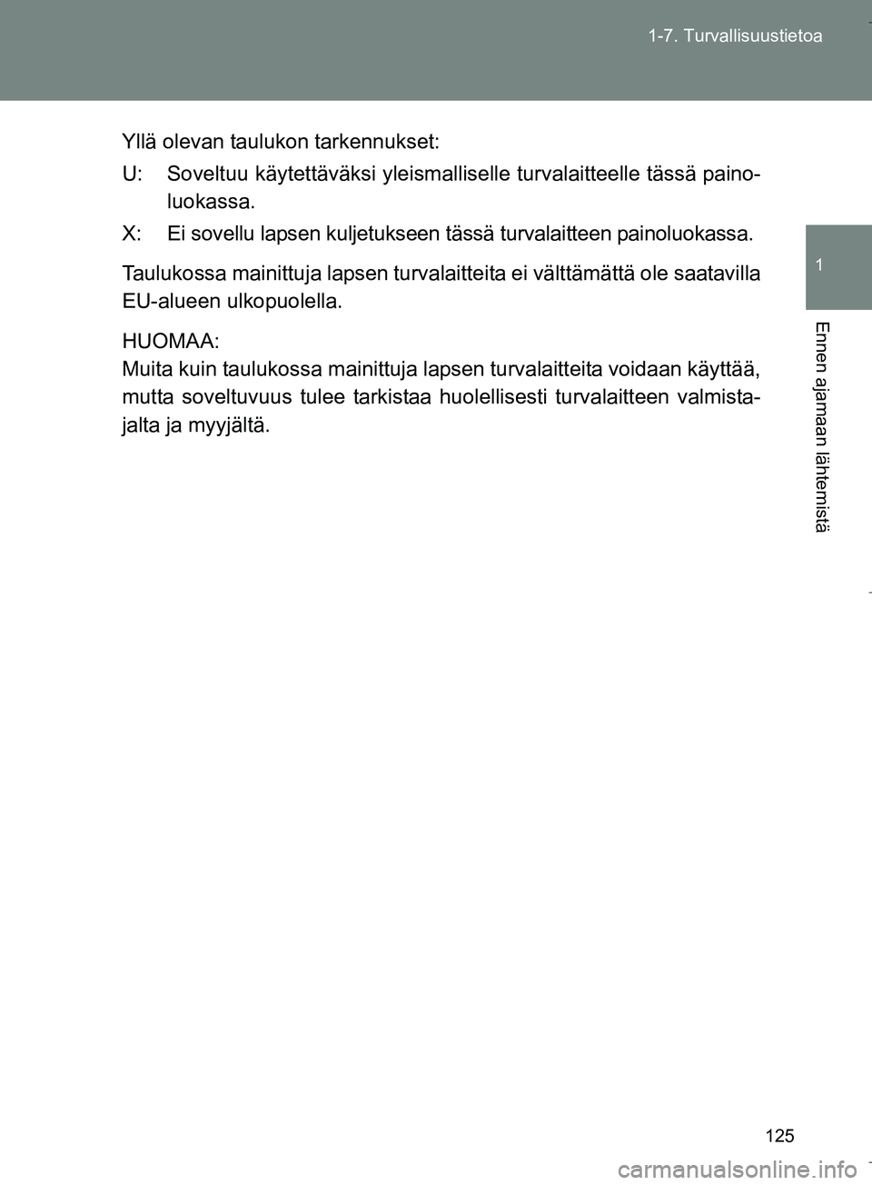 TOYOTA VERSO 2016  Omistajan Käsikirja (in Finnish) 125
1-7. Turvallisuustietoa
1
Ennen ajamaan lähtemistä
OM64590FI
Yllä olevan taulukon tarkennukset:
U: Soveltuu käytettä
väksi yleismalliselle turvalaitteelle tässä paino-
luokassa.
X: Ei sove