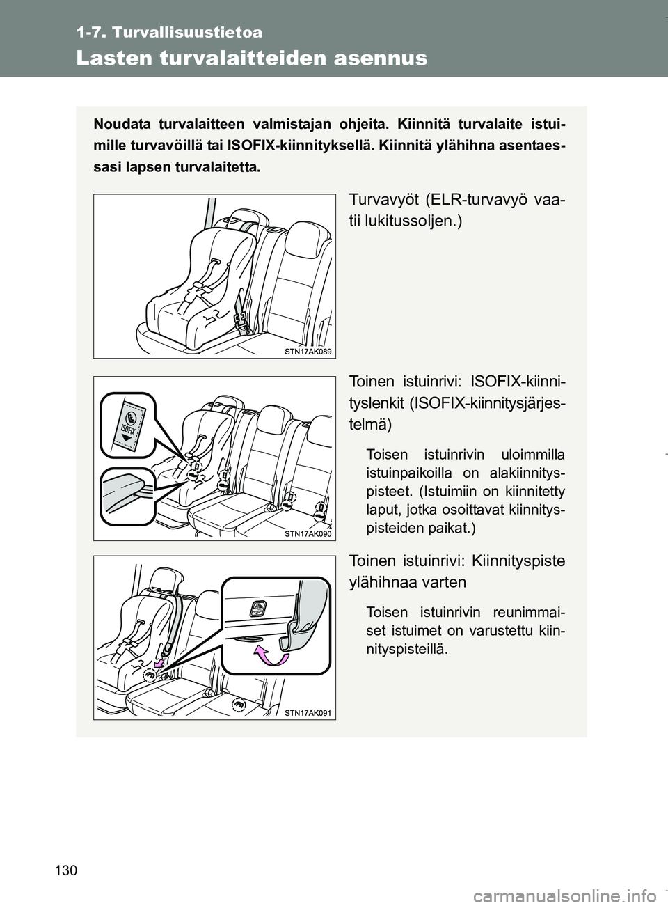TOYOTA VERSO 2016  Omistajan Käsikirja (in Finnish) 130
1-7. Turvallisuustietoa
OM64590FI
Lasten tur valaitteiden asennus
Noudata turvalaitteen valmistajan ohjeita. Kiinnitä turvalaite istui-
mille turvavöillä tai ISOFIX-kiinnityksellä. Kiinnitä y