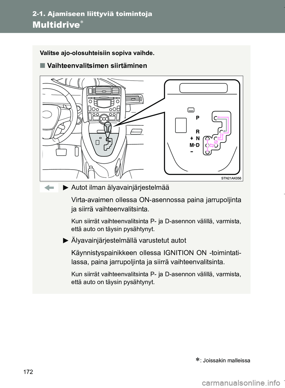 TOYOTA VERSO 2016  Omistajan Käsikirja (in Finnish) 172
2-1. Ajamiseen liittyviä toimintoja
OM64590FI
Multidrive
: Joissakin malleissa
Valitse ajo-olosuhteisiin sopiva vaihde.
nVaihteenvalitsimen siirtäminen
Autot ilman älyavainjärjestelmää