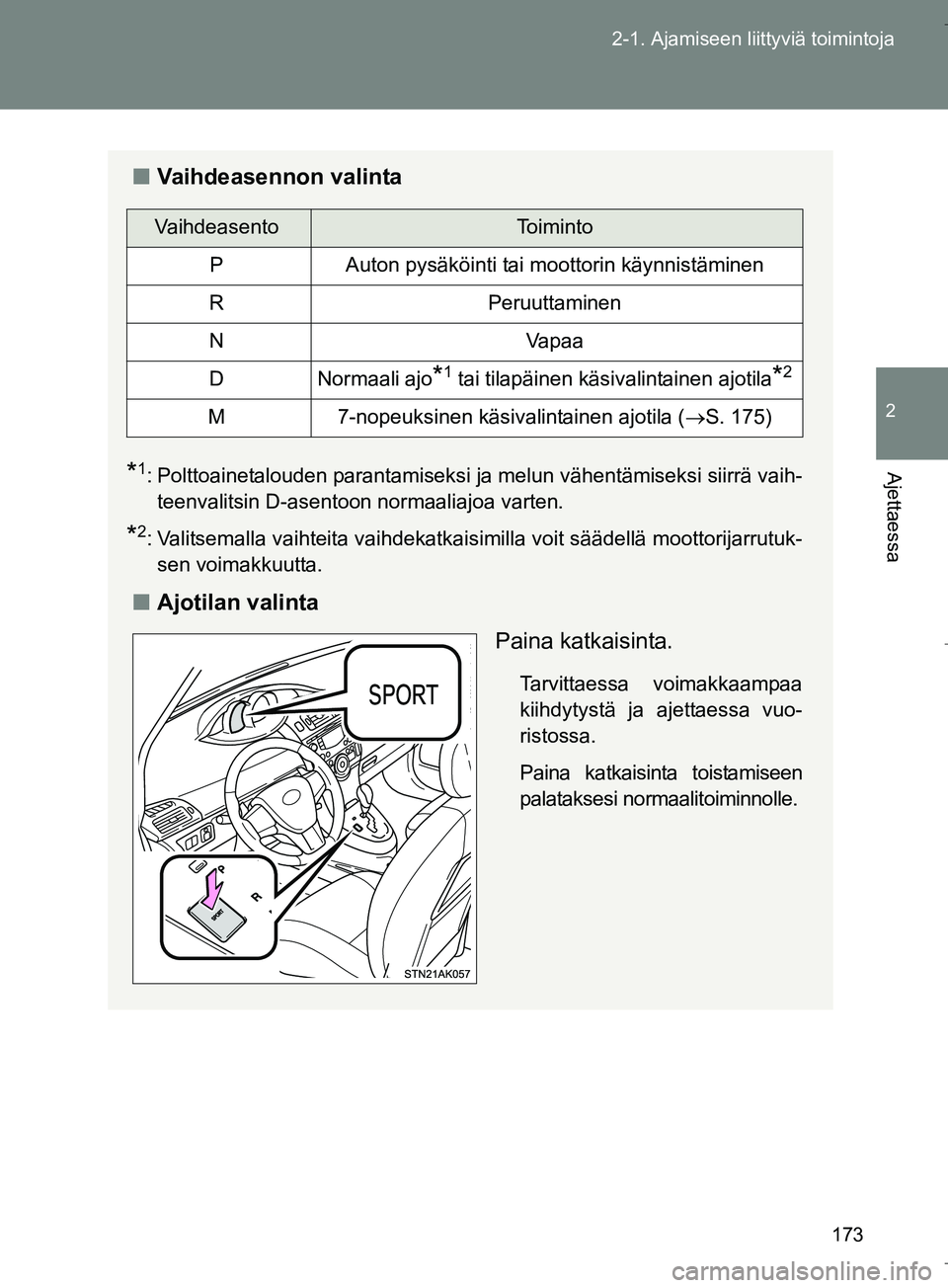 TOYOTA VERSO 2016  Omistajan Käsikirja (in Finnish) 173
2-1. Ajamiseen liittyviä toimintoja
2
Ajettaessa
OM64590FI
n
Vaihdeasennon valinta
*1: Polttoainetalouden parantamiseksi ja melun vähentämiseksi siirrä vaih-
teenvalitsin D-asentoon normaaliaj