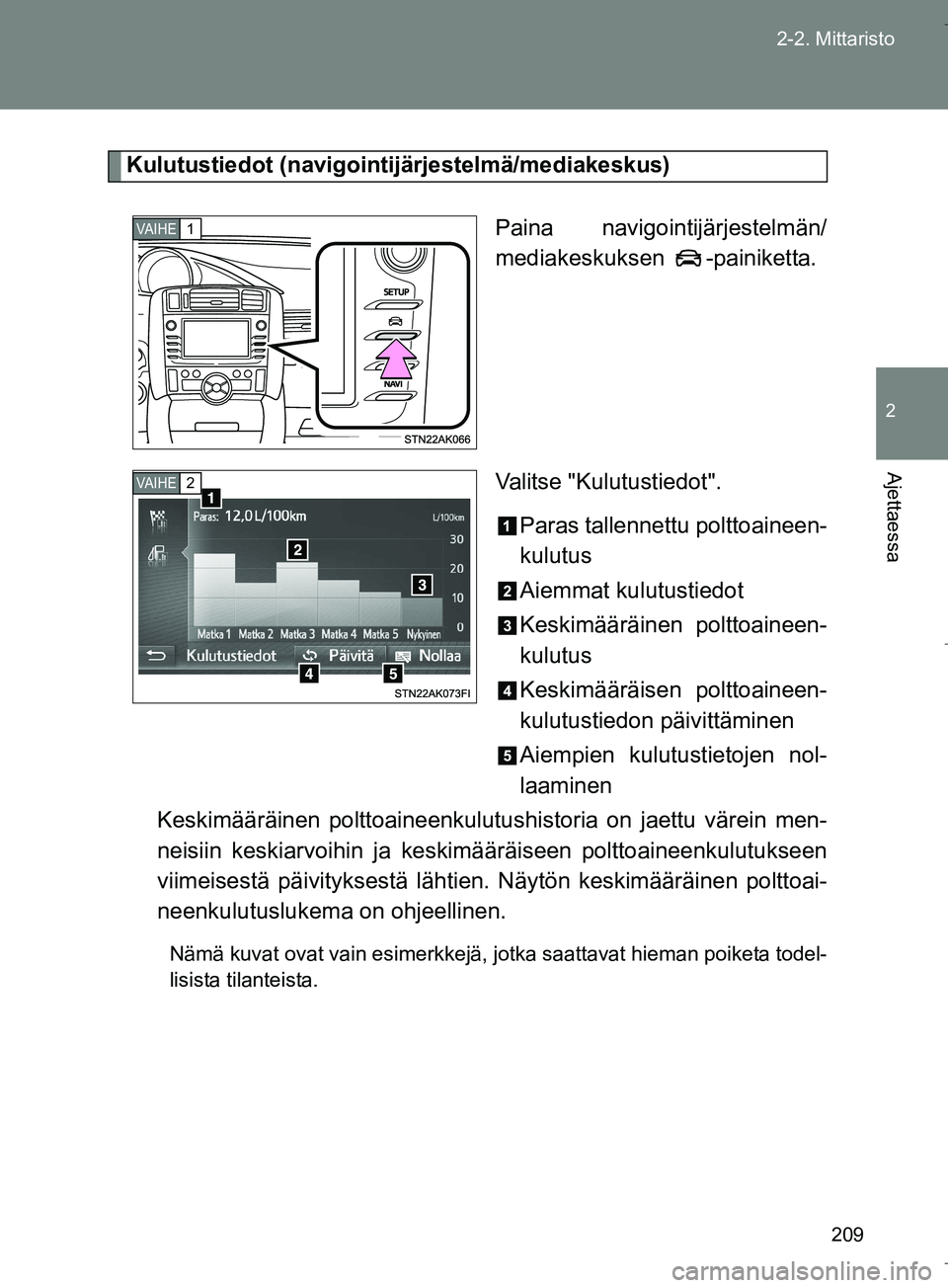 TOYOTA VERSO 2016  Omistajan Käsikirja (in Finnish) 209
2-2. Mittaristo
2
Ajettaessa
OM64590FI
Kulutustiedot (navigointijärjestelmä/mediakeskus)
Paina navigointijärjestelmän/
mediakeskuksen -painiketta.
Valitse "Kulutustiedot".Paras tallennettu pol