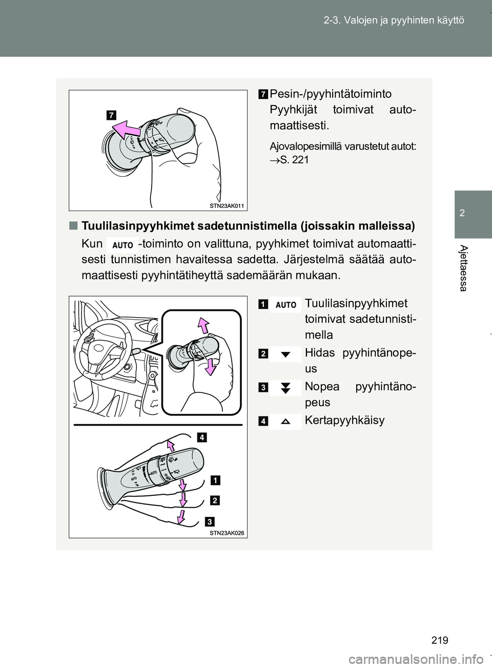 TOYOTA VERSO 2016  Omistajan Käsikirja (in Finnish) 219
2-3. Valojen ja pyyhinten käyttö
2
Ajettaessa
OM64590FI
Pesin-/pyyhintätoiminto 
Pyyhkijät toimivat auto-
maattisesti.
Ajovalopesimillä varustetut autot:

S. 221
n Tuulilasinpyyhkimet sade
