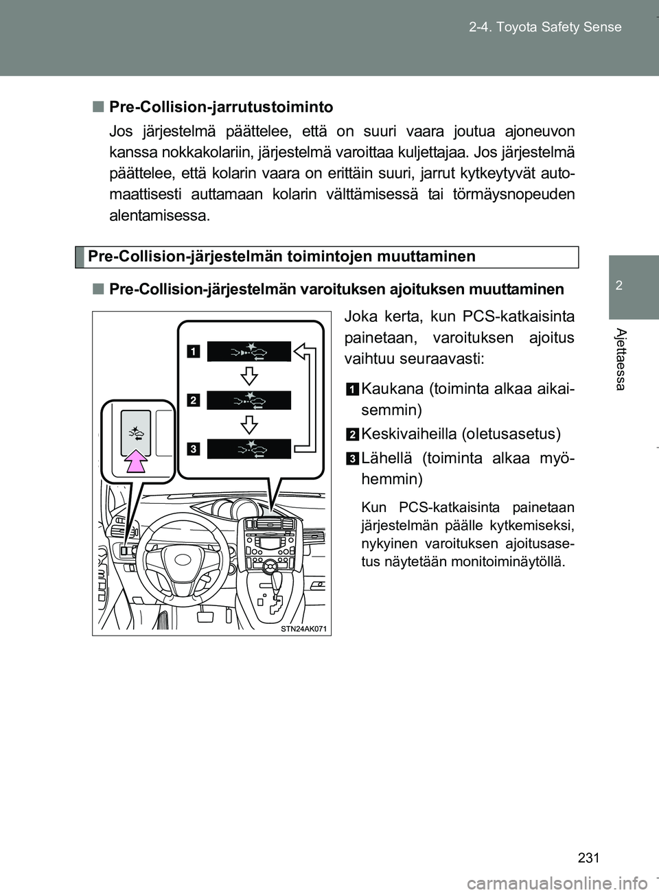 TOYOTA VERSO 2016  Omistajan Käsikirja (in Finnish) 231
2-4. Toyota Safety Sense
2
Ajettaessa
OM64590FI
n
Pre-Collision-jarrutustoiminto
Jos järjestelmä päättelee, että on suuri vaara joutua ajoneuvon
kanssa nokkakolariin, järjestelmä varo ittaa