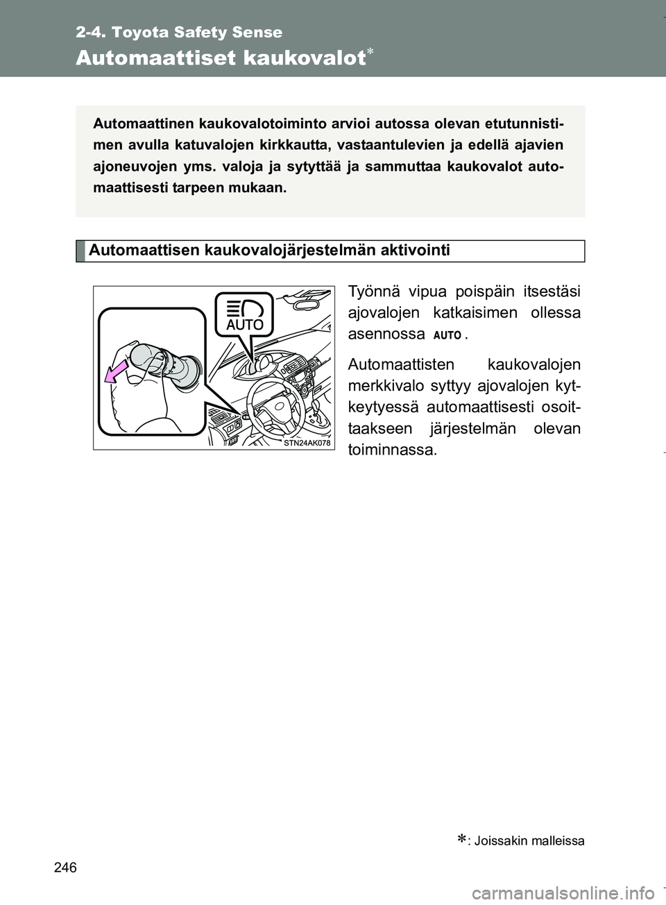 TOYOTA VERSO 2016  Omistajan Käsikirja (in Finnish) 246
2-4. Toyota Safety Sense
OM64590FI
Automaattiset kaukovalot
Automaattisen kaukovalojärjestelmän aktivointiTyönnä vipua poispäin itsestäsi
ajovalojen katkaisimen ollessa
asennossa .
Automa
