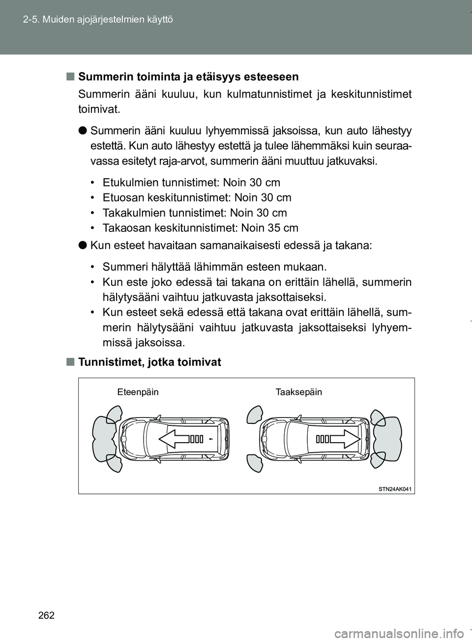 TOYOTA VERSO 2016  Omistajan Käsikirja (in Finnish) 262
2-5. Muiden ajojärjestelmien käyttö
OM64590FI
n
Summerin toiminta ja etäisyys esteeseen
Summerin ääni kuuluu, kun kulmatunnistimet ja keskitunnistimet
toimivat.
lSummerin ääni kuuluu lyhye