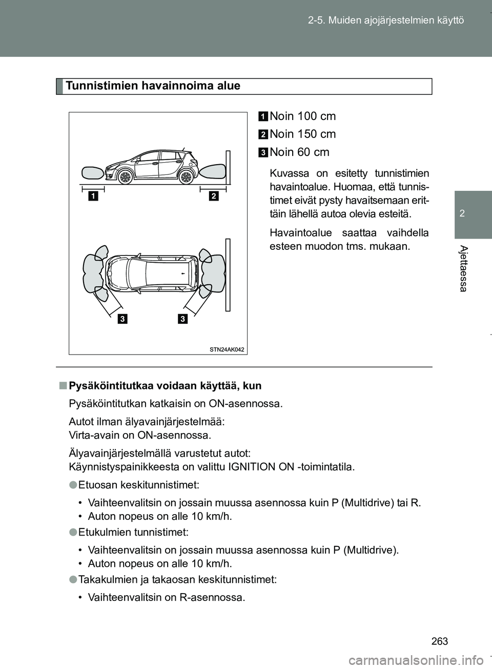 TOYOTA VERSO 2016  Omistajan Käsikirja (in Finnish) 263
2-5. Muiden ajojärjestelmien käyttö
2
Ajettaessa
OM64590FI
Tunnistimien havainnoima alue
Noin 100 cm
Noin 150 cm
Noin 60 cm
Kuvassa on esitetty tunnistimien
havaintoalue. Huomaa, että tunnis-
