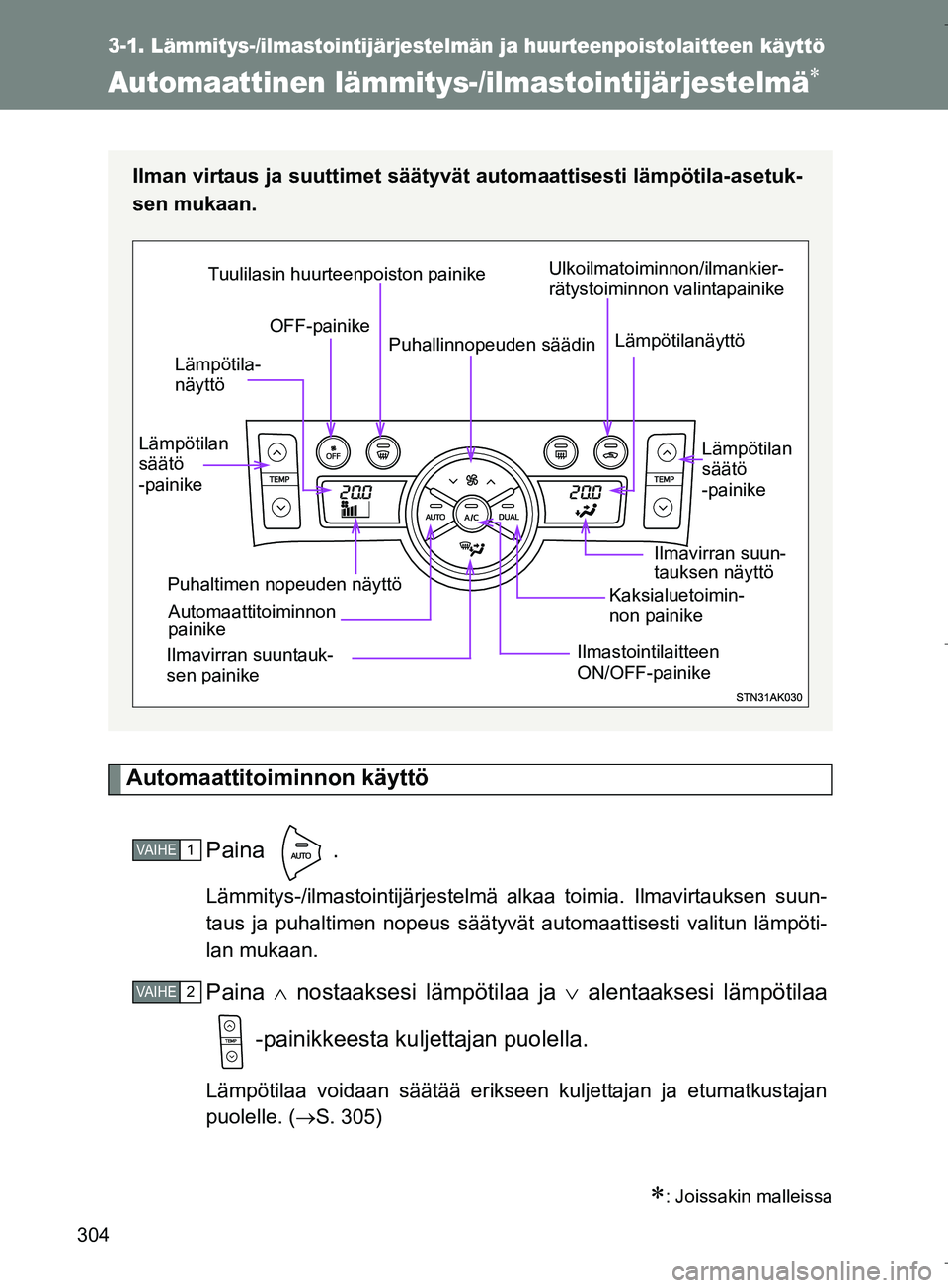 TOYOTA VERSO 2016 Omistajan Käsikirja (in Finnish) 304
3-1. Lämmitys-/ilmastointijärjestelmän ja huurteenpoistolaitteen käyttö
OM64590FI
Automaattinen lämmitys-/ilmastointijärjestelmä
Automaattitoiminnon käyttöPaina .
Lämmitys-/ilmastoin TOYOTA VERSO 2016 Omistajan Käsikirja (in Finnish) 304
3-1. Lämmitys-/ilmastointijärjestelmän ja huurteenpoistolaitteen käyttö
OM64590FI
Automaattinen lämmitys-/ilmastointijärjestelmä
Automaattitoiminnon käyttöPaina .
Lämmitys-/ilmastoin