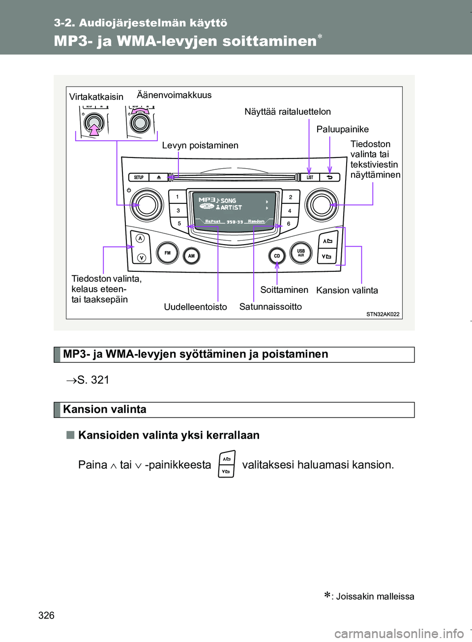 TOYOTA VERSO 2016  Omistajan Käsikirja (in Finnish) 326
3-2. Audiojärjestelmän käyttö
OM64590FI
MP3- ja WMA-levyjen soittaminen
MP3- ja WMA-levyjen syöttäminen ja poistaminen S. 321
Kansion valinta
n Kansioiden valinta yksi kerrallaan
Paina