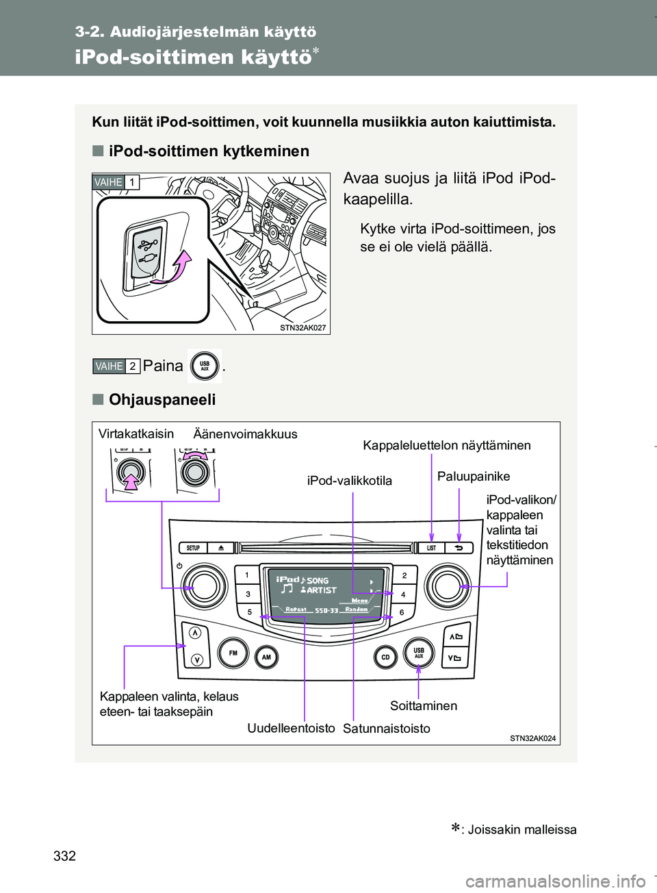 TOYOTA VERSO 2016  Omistajan Käsikirja (in Finnish) 332
3-2. Audiojärjestelmän käyttö
OM64590FI
iPod-soittimen käyttö
: Joissakin malleissa
Kun liität iPod-soittimen, voit kuunnella musiikkia auton kaiuttimista.
niPod-soittimen kytkeminen

