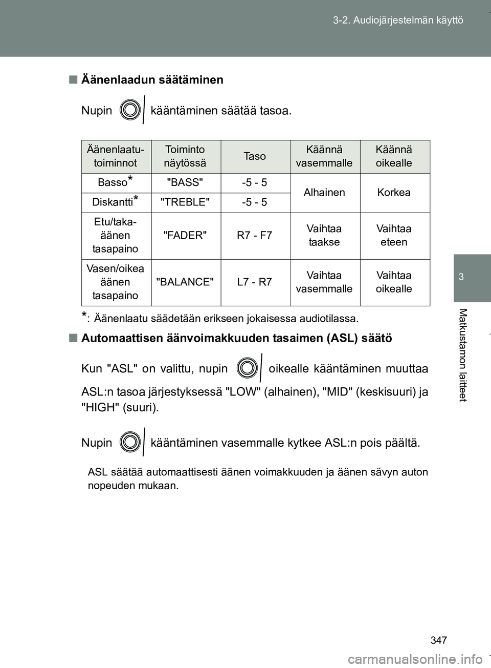 TOYOTA VERSO 2016  Omistajan Käsikirja (in Finnish) 347
3-2. Audiojärjestelmän käyttö
3
Matkustamon laitteet
OM64590FI
n
Äänenlaadun säätäminen
Nupin   kääntäminen säätää tasoa.
*: Äänenlaatu säädetään erikseen jokaisessa audiotil