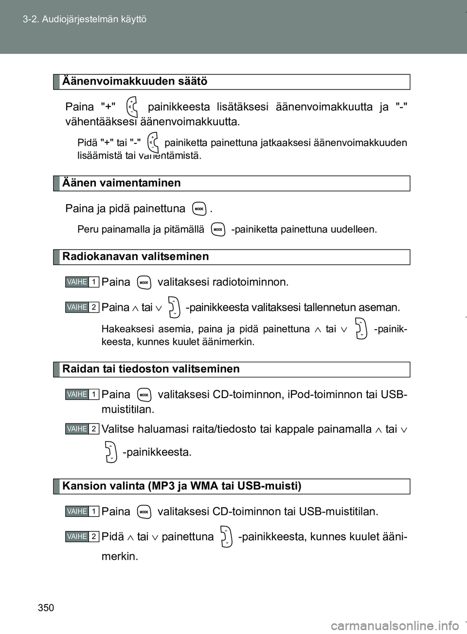 TOYOTA VERSO 2016  Omistajan Käsikirja (in Finnish) 350
3-2. Audiojärjestelmän käyttö
OM64590FI
Äänenvoimakkuuden säätö
Paina "+"   painikkeesta lisätäksesi äänenvoimakkuutta ja "-"
vähentääksesi ääne nvoimakkuutta.
Pidä "+" tai "-" 
