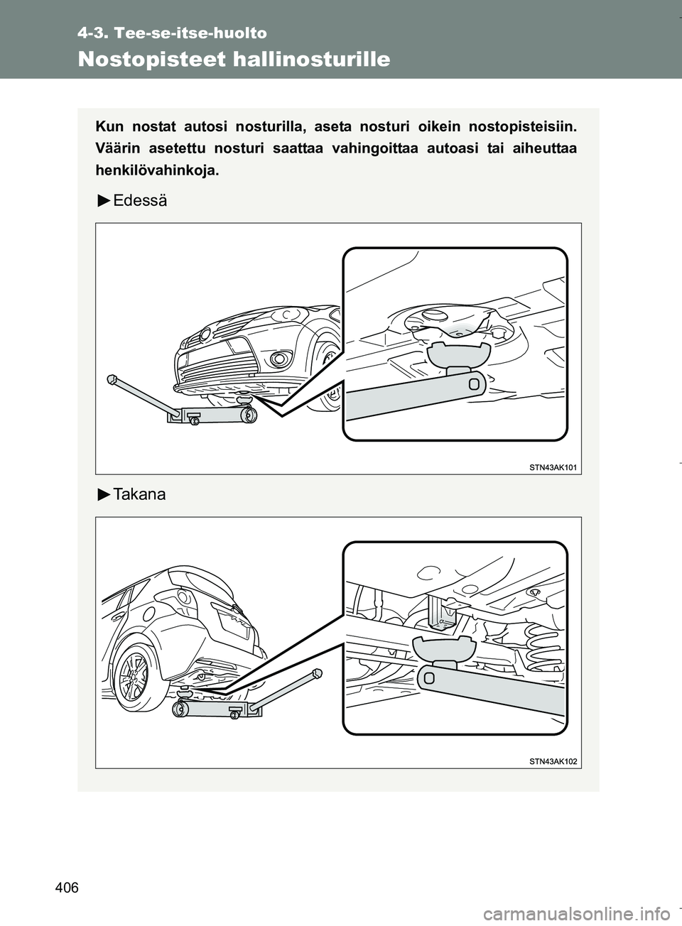 TOYOTA VERSO 2016  Omistajan Käsikirja (in Finnish) 406
4-3. Tee-se-itse-huolto
OM64590FI
Nostopisteet hallinosturille
Kun nostat autosi nosturilla, aseta nosturi oikein nostopisteisiin.
Väärin asetettu nosturi saattaa vahingoittaa autoasi tai aiheut