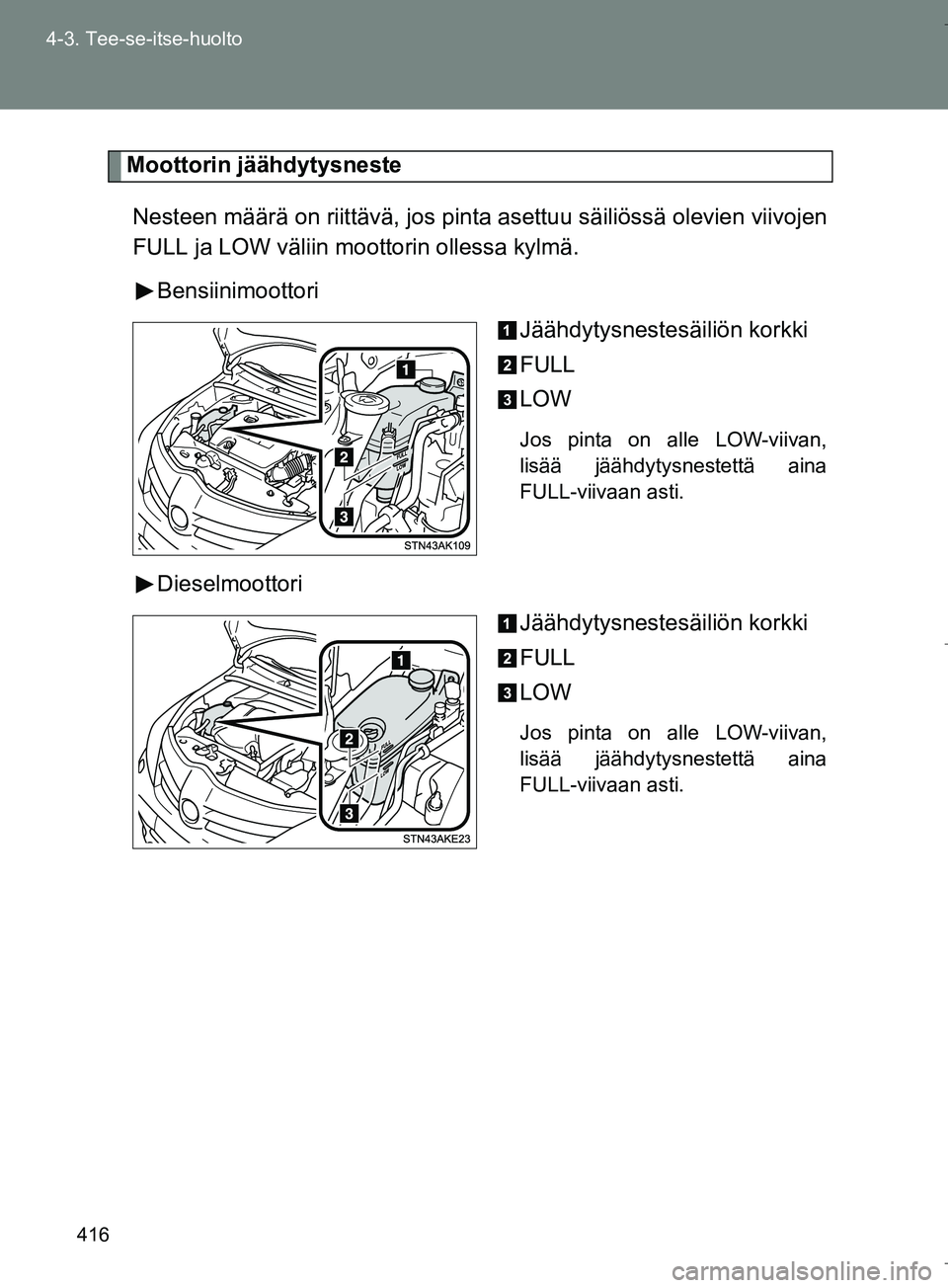 TOYOTA VERSO 2016  Omistajan Käsikirja (in Finnish) 416
4-3. Tee-se-itse-huolto
OM64590FI
Moottorin jäähdytysneste
Nesteen määrä on riittävä, jos pinta asettuu säiliössä olevien viivojen
FULL ja LOW väliin moottorin ollessa kylmä. Bensiinim