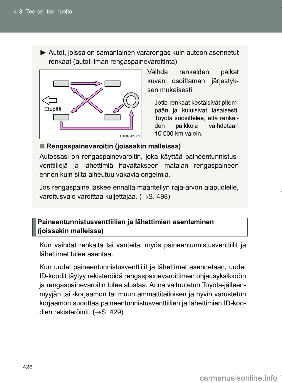 TOYOTA VERSO 2016  Omistajan Käsikirja (in Finnish) 426
4-3. Tee-se-itse-huolto
OM64590FI
Paineentunnistusventtiilien ja
 lähettimien asentaminen 
(joissakin malleissa)
Kun vaihdat renkaita tai vanteita , myös paineentunnistusventtiilit ja
lähettime