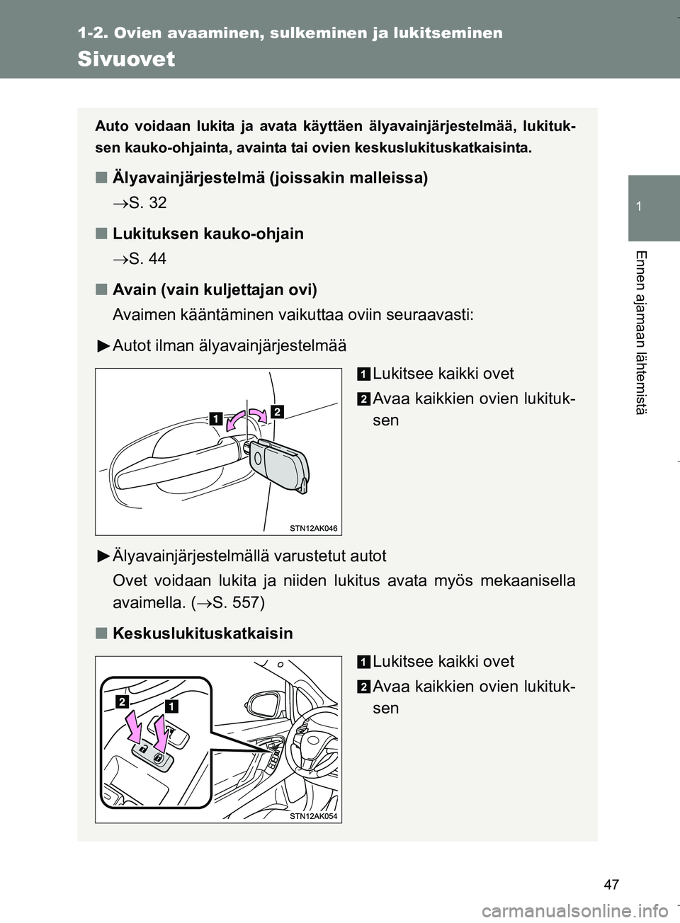 TOYOTA VERSO 2016  Omistajan Käsikirja (in Finnish) 47
1
1-2. Ovien avaaminen, sulkeminen ja lukitseminen
Ennen ajamaan lähtemistä
OM64590FI
Sivuovet
Auto voidaan lukita ja avata käyttäen älyavainjärjestelmää, lukituk-
sen kauko-ohjainta, avain