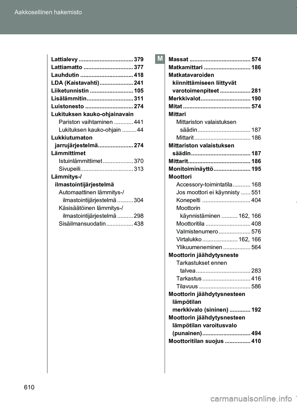 TOYOTA VERSO 2016  Omistajan Käsikirja (in Finnish) 610
Aakkosellinen hakemisto
OM64590FI
Lattialevy .................................. 379
Lattiamatto ............................... 377
Lauhdutin ................................. 418
LDA (Kaistavahti