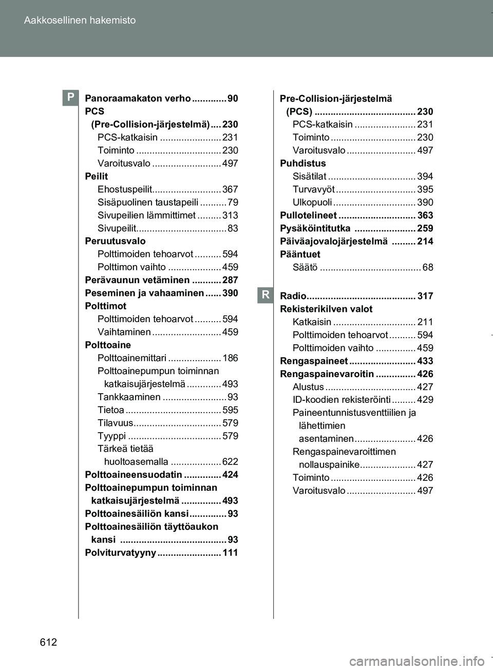 TOYOTA VERSO 2016  Omistajan Käsikirja (in Finnish) 612
Aakkosellinen hakemisto
OM64590FI
Panoraamakaton verho ............. 90
PCS 
(Pre-Collision-järjestelmä) .... 230
PCS-katkaisin ....................... 231
Toiminto .............................