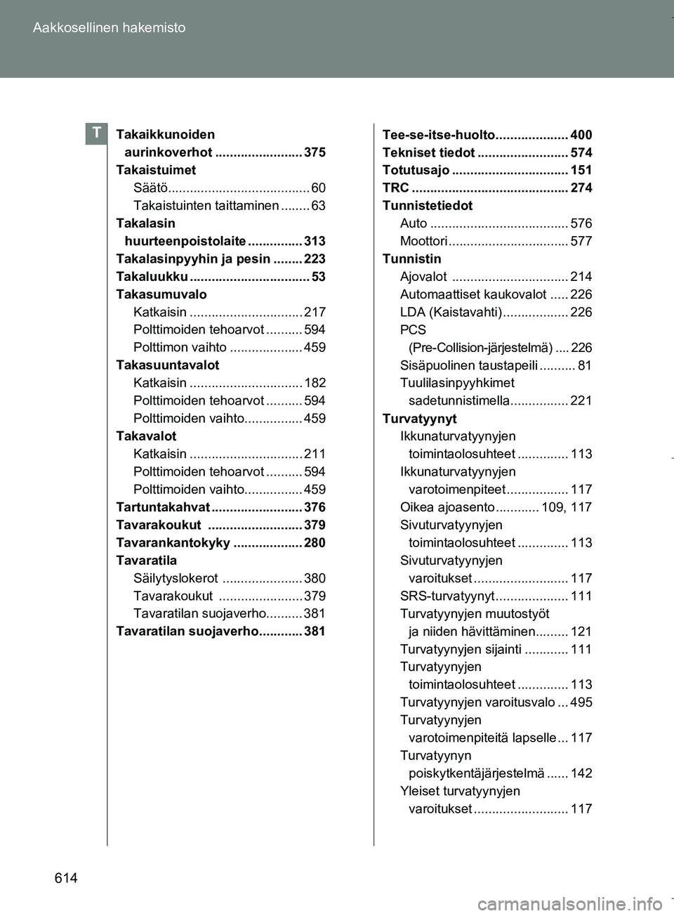 TOYOTA VERSO 2016  Omistajan Käsikirja (in Finnish) 614
Aakkosellinen hakemisto
OM64590FI
Takaikkunoiden 
aurinkoverhot ........................ 375
Takaistuimet
Säätö....................................... 60
Takaistuinten taittaminen ........ 63
T