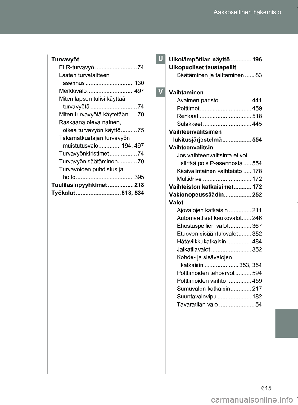 TOYOTA VERSO 2016  Omistajan Käsikirja (in Finnish) 615
Aakkosellinen hakemisto
OM64590FI
Turvavyöt
ELR-turvavyö .......................... 74
Lasten turvalaitteen asennus .............................. 130
Merkkivalo ............................. 49
