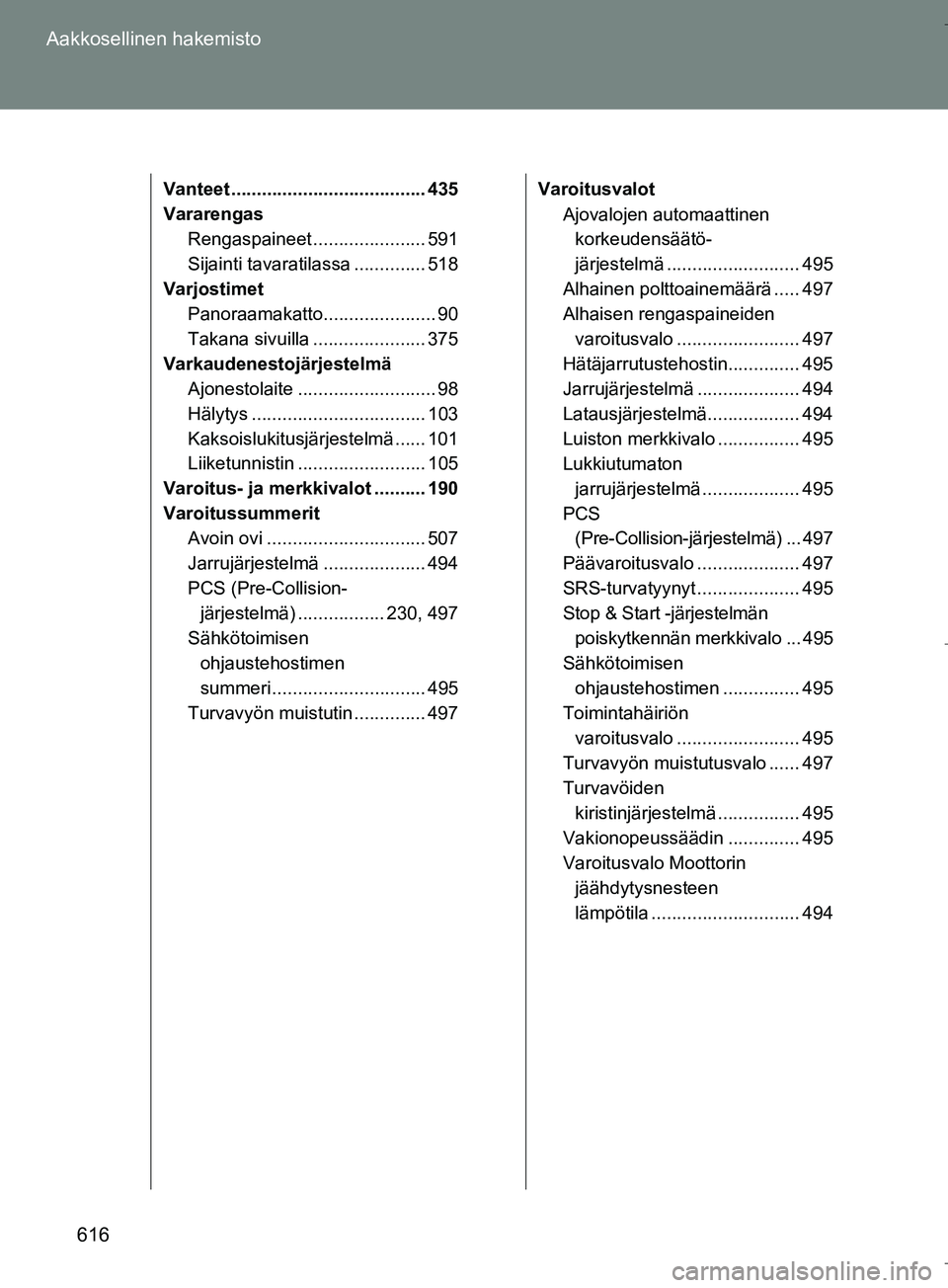 TOYOTA VERSO 2016  Omistajan Käsikirja (in Finnish) 616
Aakkosellinen hakemisto
OM64590FI
Vanteet ...................................... 435
Vararengas
Rengaspaineet ...................... 591
Sijainti tavaratilassa .............. 518
Varjostimet Panor