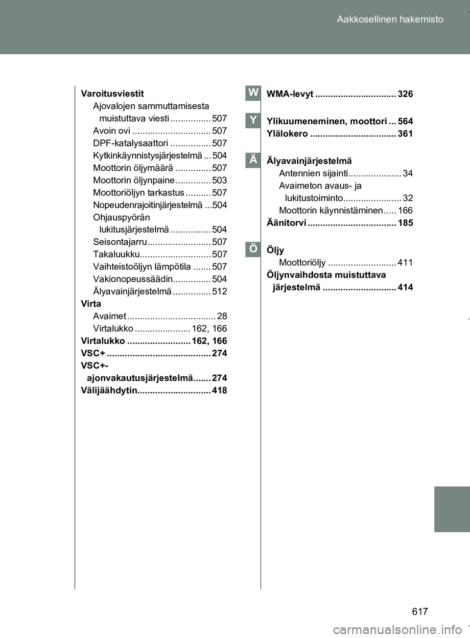 TOYOTA VERSO 2016  Omistajan Käsikirja (in Finnish) 617
Aakkosellinen hakemisto
OM64590FI
Varoitusviestit
Ajovalojen sammuttamisesta muistuttava viesti ................ 507
Avoin ovi ............................... 507
DPF-katalysaattori ..............