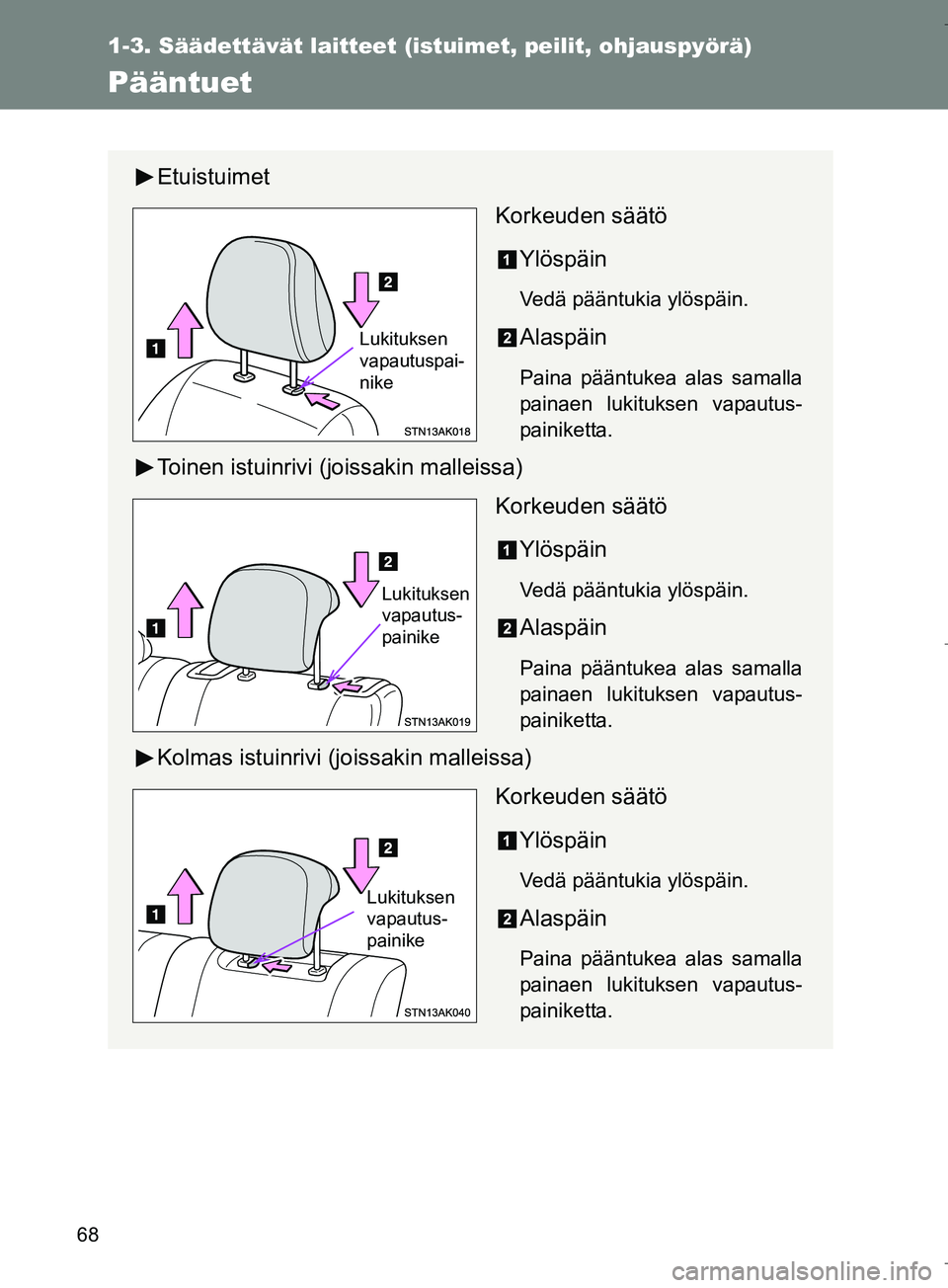 TOYOTA VERSO 2016  Omistajan Käsikirja (in Finnish) 68
1-3. Säädettävät laitteet (istuimet, peilit, ohjauspyörä)
OM64590FI
Pääntuet
EtuistuimetKorkeuden säätö
Ylöspäin
Vedä pääntukia ylöspäin.
Alaspäin
Paina pääntukea alas samalla
