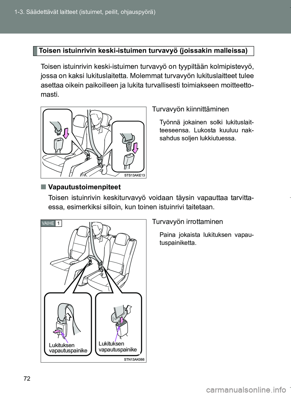 TOYOTA VERSO 2016  Omistajan Käsikirja (in Finnish) 72
1-3. Säädettävät laitteet (istuimet, peilit, ohjauspyörä)
OM64590FI
Toisen istuinrivin keski-istuimen turvavyö (joissakin malleissa)
Toisen istuinrivin keski- istuimen turvavyö on tyypiltä