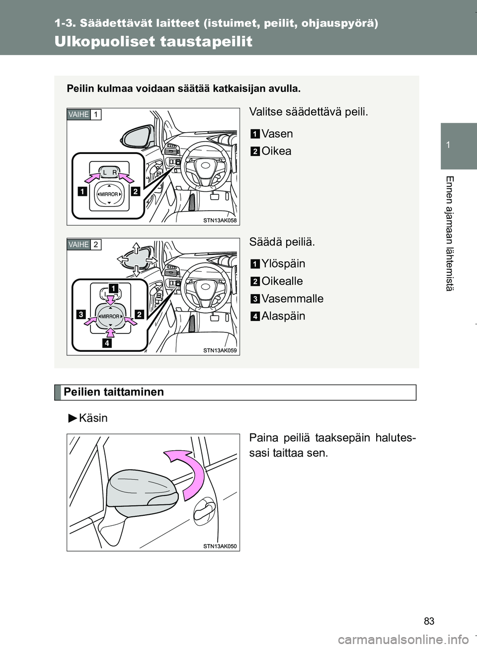 TOYOTA VERSO 2016  Omistajan Käsikirja (in Finnish) 83
1
1-3. Säädettävät laitteet (istuimet, peilit, ohjauspyörä)
Ennen ajamaan lähtemistä
OM64590FI
Ulkopuoliset taustapeilit
Peilien taittaminenKäsin Paina peiliä taaksepäin halutes-
sasi ta