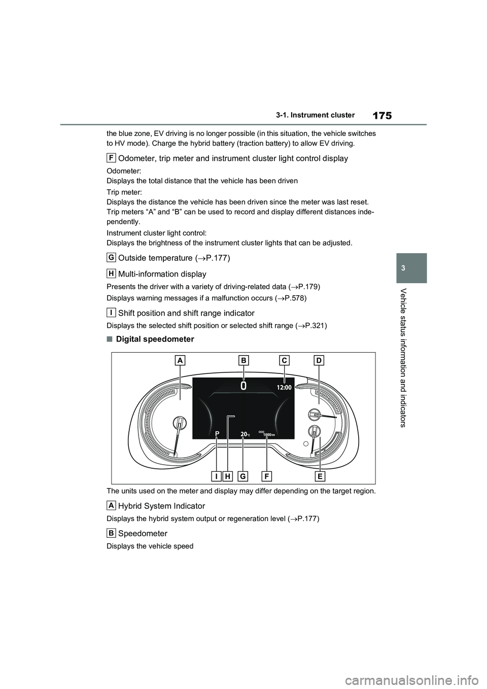 TOYOTA VERSO S 2011  Owners Manual 175
3 3-1. Instrument cluster
Vehicle status information and indicators
the blue zone, EV driving is no longer possible (in this situation, the vehicle switches 
to HV mode). Charge the hybrid battery