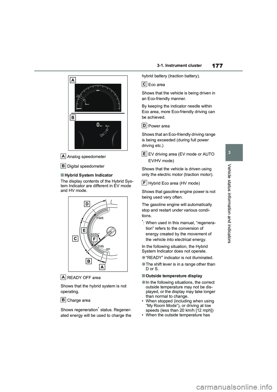 TOYOTA VERSO S 2011  Owners Manual 177
3 3-1. Instrument cluster
Vehicle status information and indicators
Analog speedometer
Digital speedometer
■Hybrid System Indicator
The display contents of the Hybrid Sys-
tem Indicator are diff
