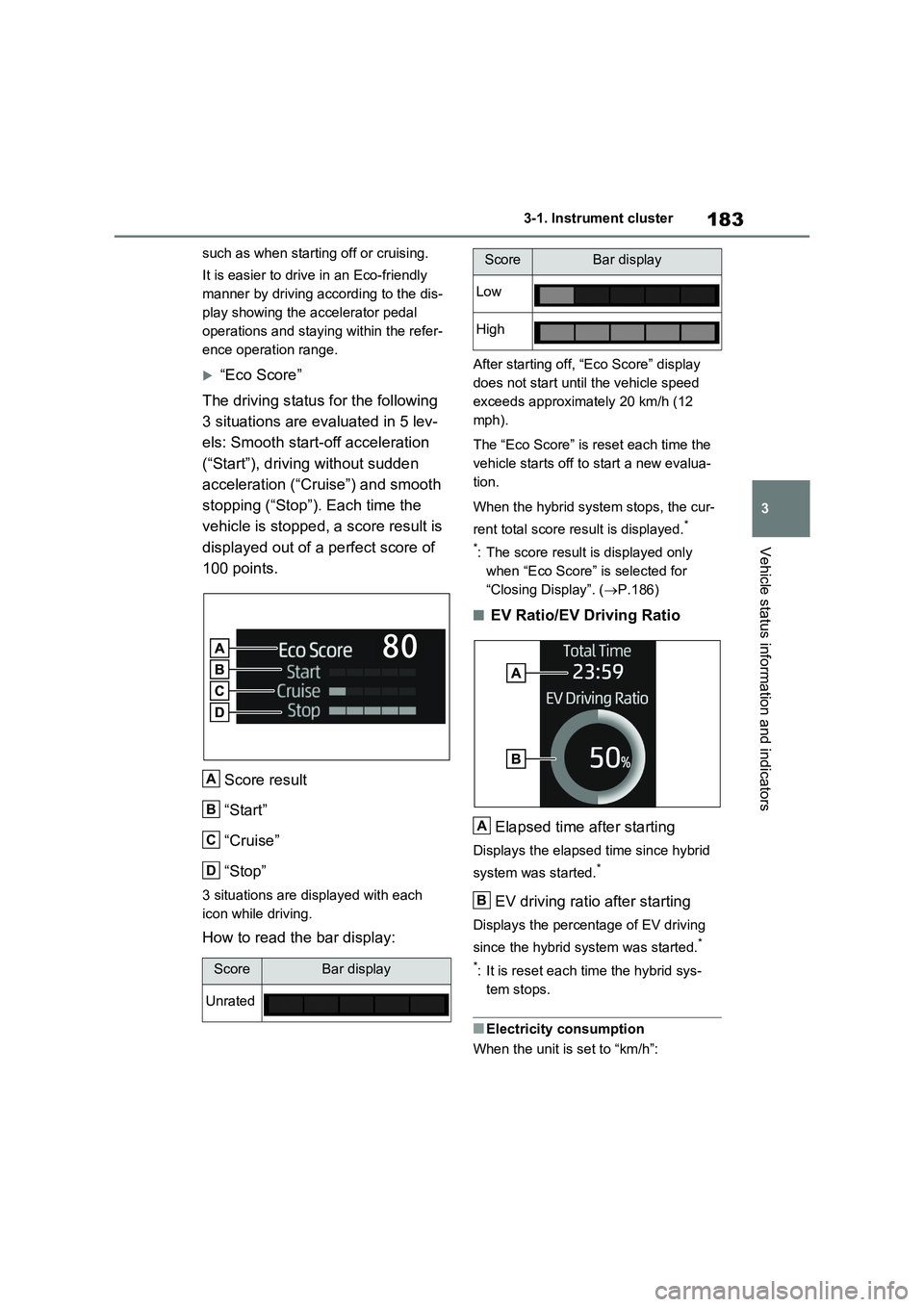 TOYOTA VERSO S 2011  Owners Manual 183
3 3-1. Instrument cluster
Vehicle status information and indicators
such as when starting off or cruising.
It is easier to drive in an Eco-friendly 
manner by driving according to the dis-
play sh