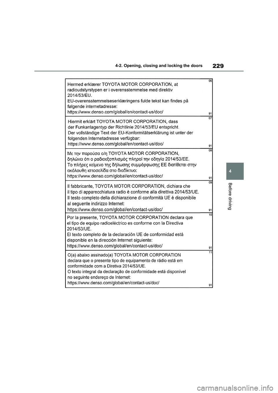 TOYOTA VERSO S 2011  Owners Manual 229
4 4-2. Opening, closing and locking the doors
Before driving 