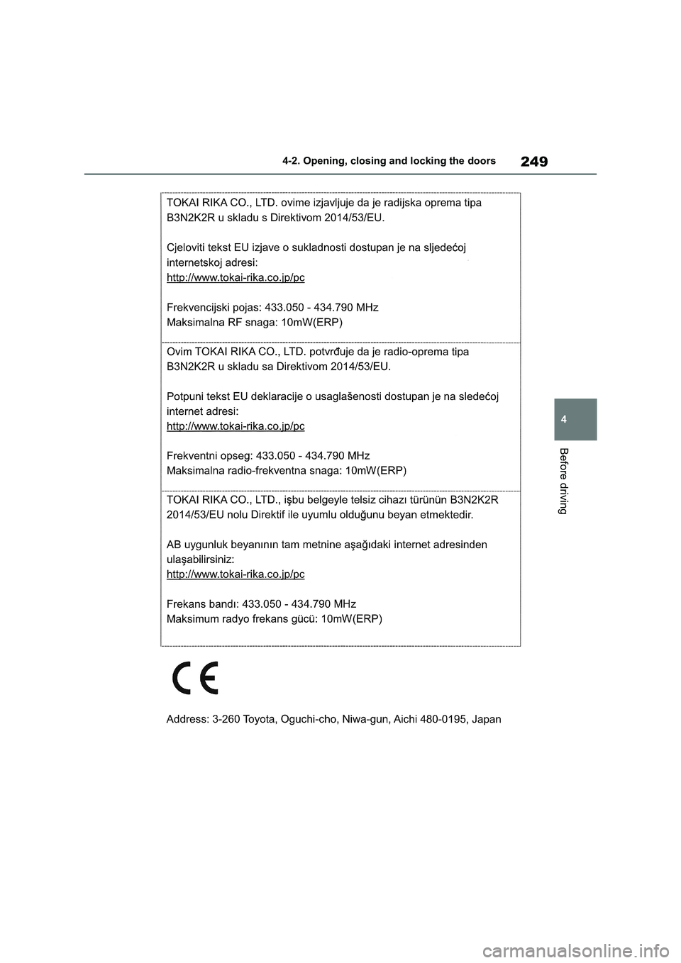 TOYOTA VERSO S 2011  Owners Manual 249
4 4-2. Opening, closing and locking the doors
Before driving 