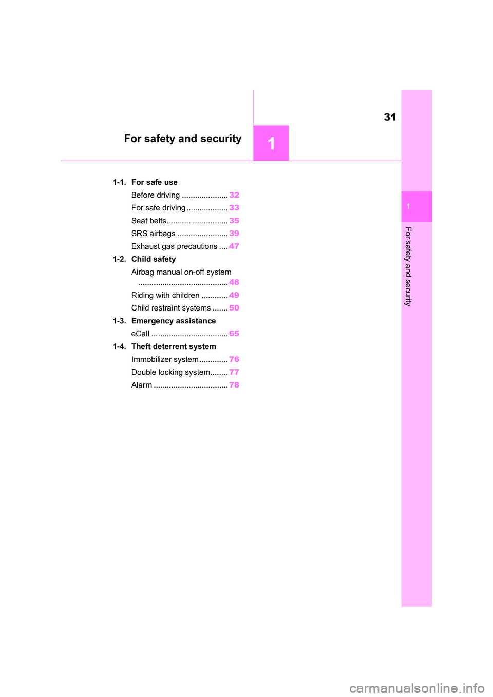 TOYOTA VERSO S 2011  Owners Manual 1
31
1
For safety and security
For safety and security
1-1. For safe use 
Before driving ..................... 32 
For safe driving ................... 33 
Seat belts............................ 35 
S