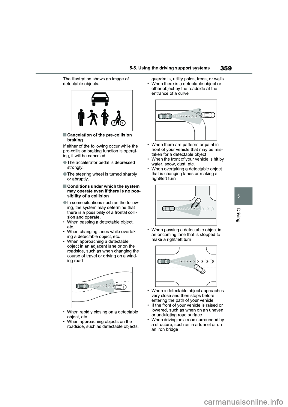 TOYOTA VERSO S 2011 Owners Manual 359
5
5-5. Using the driving support systems
Driving
The illustration shows an image of
detectable objects.
■Cancelation of the pre-collision
braking
If either of the following occur while the TOYOTA VERSO S 2011 Owners Manual 359
5
5-5. Using the driving support systems
Driving
The illustration shows an image of
detectable objects.
■Cancelation of the pre-collision
braking
If either of the following occur while the