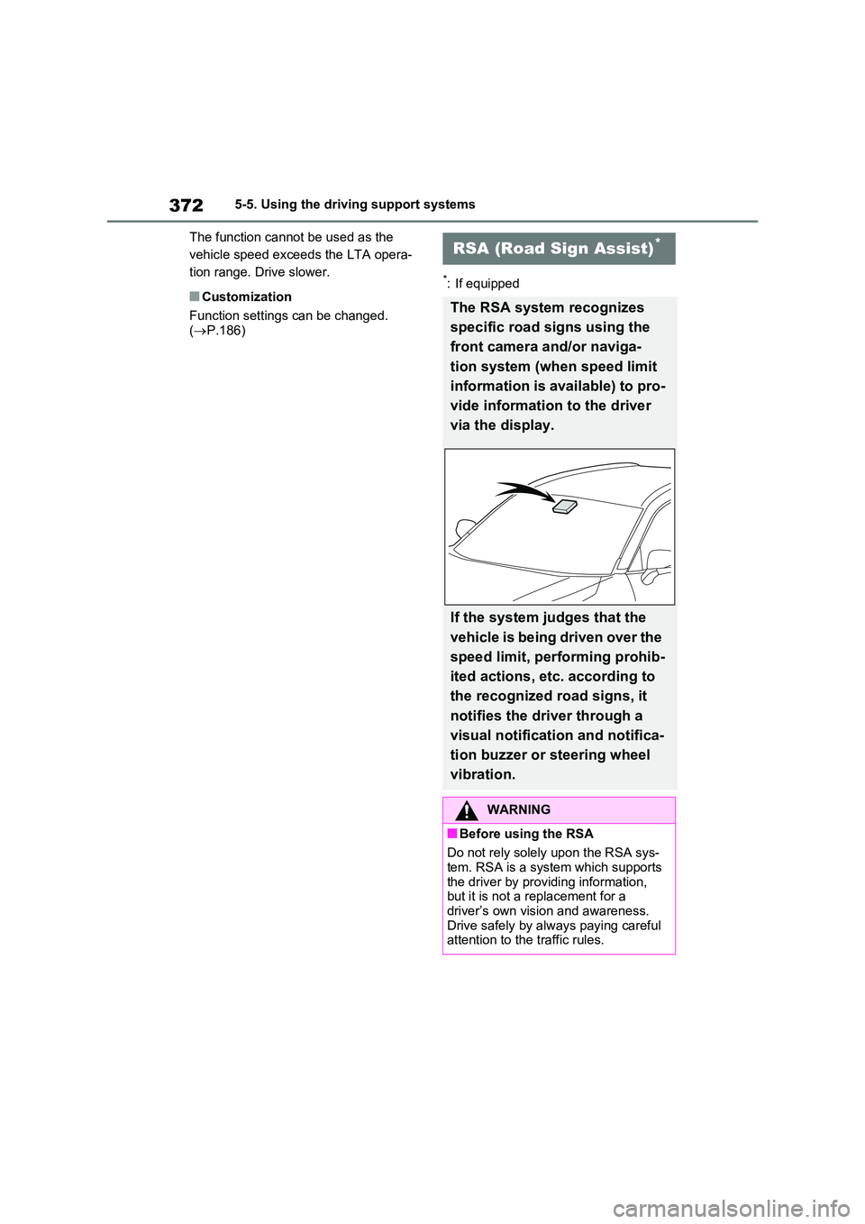 TOYOTA VERSO S 2011  Owners Manual 3725-5. Using the driving support systems 
The function cannot be used as the  
vehicle speed exceeds the LTA opera-
tion range. Drive slower.
■Customization 
Function settings can be changed.  
( 