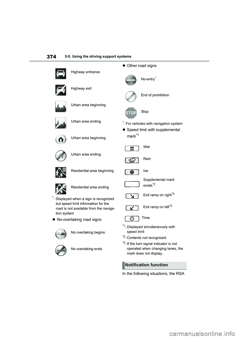 TOYOTA VERSO S 2011  Owners Manual 3745-5. Using the driving support systems
*: Displayed when a sign is recognized 
but speed limit information for the 
road is not available from the naviga-
tion system
No-overtaking road signs