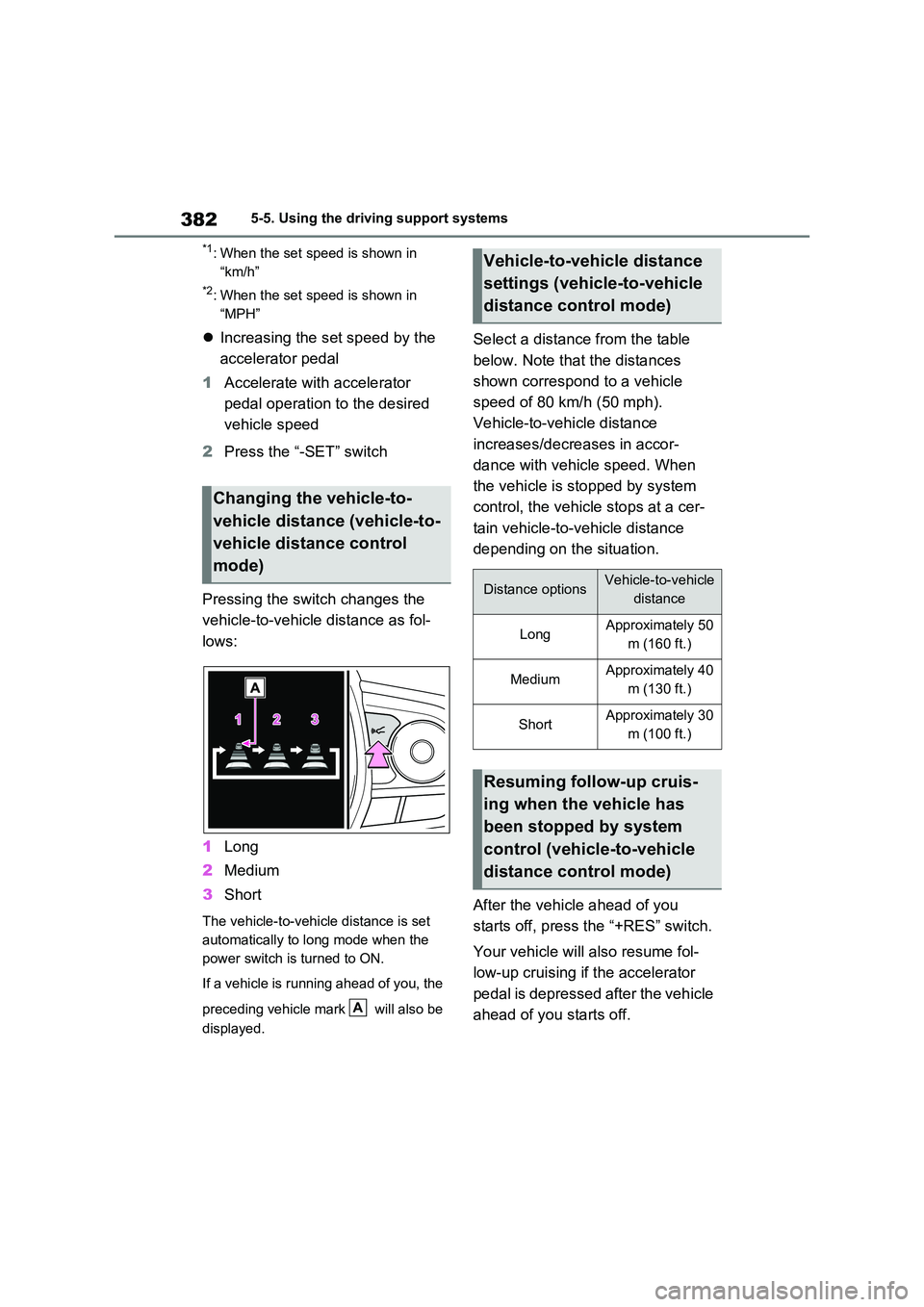 TOYOTA VERSO S 2011 Owners Manual 3825-5. Using the driving support systems
*1: When the set speed is shown in
“km/h”
*2: When the set speed is shown in
“MPH”
Increasing the set speed by the
accelerator pedal
1 Accel TOYOTA VERSO S 2011 Owners Manual 3825-5. Using the driving support systems
*1: When the set speed is shown in
“km/h”
*2: When the set speed is shown in
“MPH”
Increasing the set speed by the
accelerator pedal
1 Accel