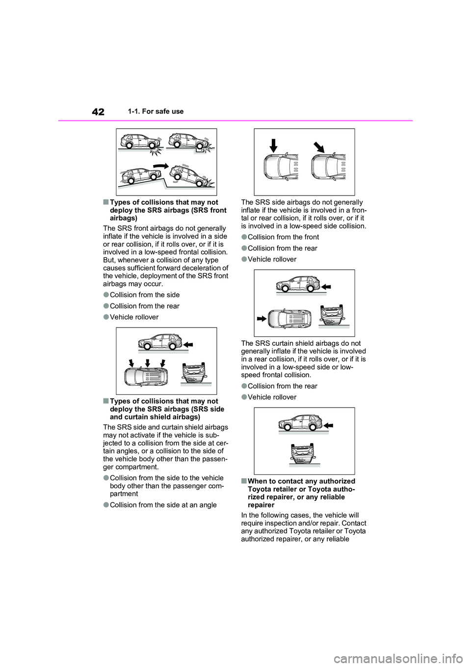 TOYOTA VERSO S 2011  Owners Manual 421-1. For safe use
■Types of collisions that may not  
deploy the SRS airbags (SRS front  airbags) 
The SRS front airbags do not generally  
inflate if the vehicle is involved in a side  or rear co