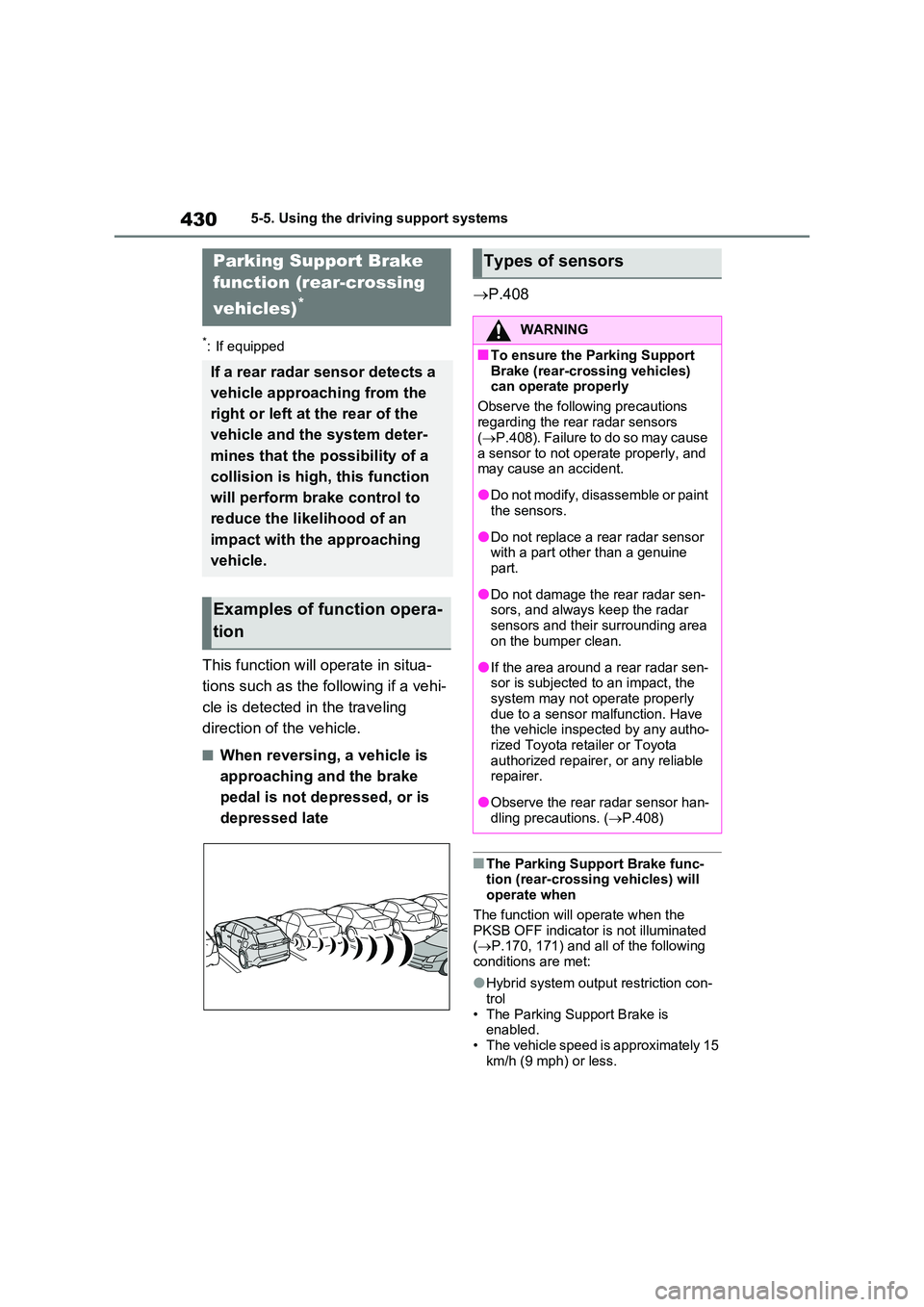 TOYOTA VERSO S 2011  Owners Manual 4305-5. Using the driving support systems
*: If equipped
This function will operate in situa- 
tions such as the following if a vehi- 
cle is detected in the traveling  
direction of the vehicle.
■W