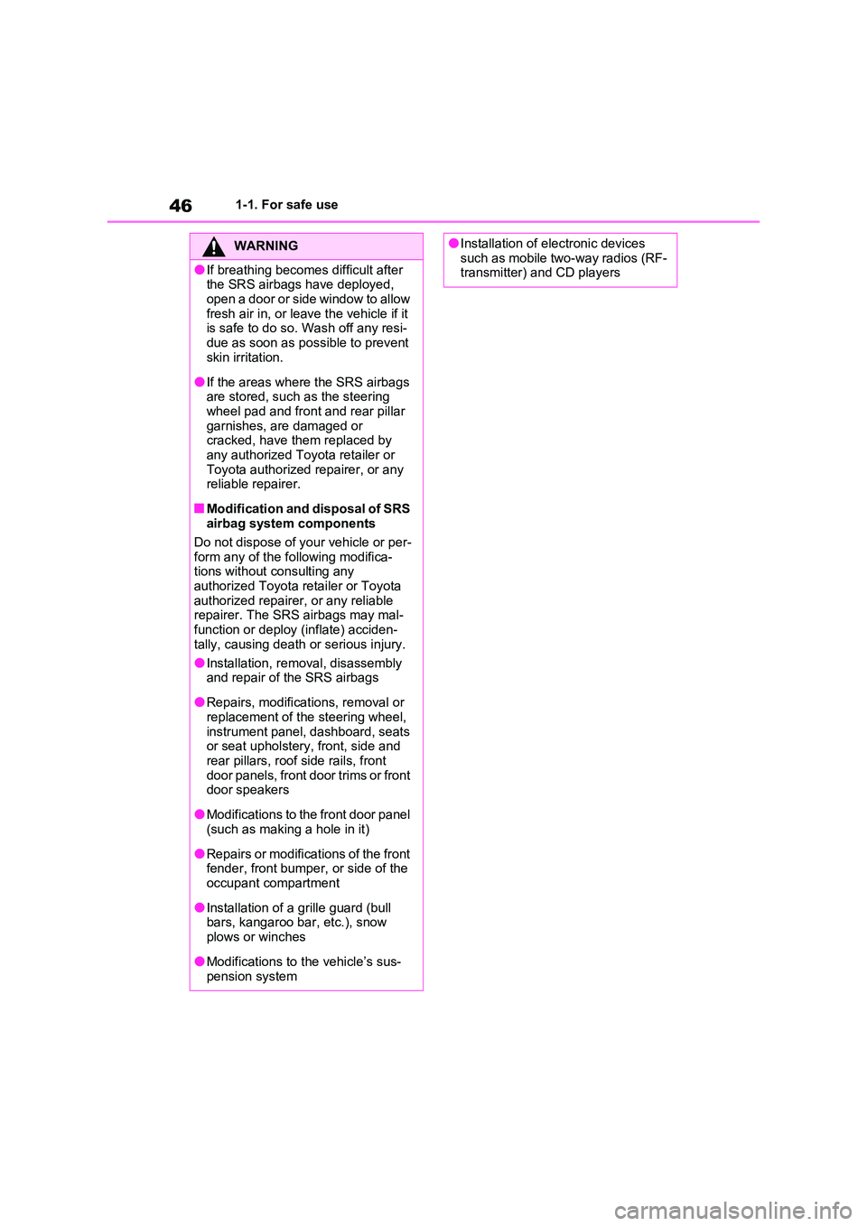 TOYOTA VERSO S 2011  Owners Manual 461-1. For safe use
WARNING
●If breathing becomes difficult after  the SRS airbags have deployed,  
open a door or side window to allow  fresh air in, or leave the vehicle if it is safe to do so. Wa