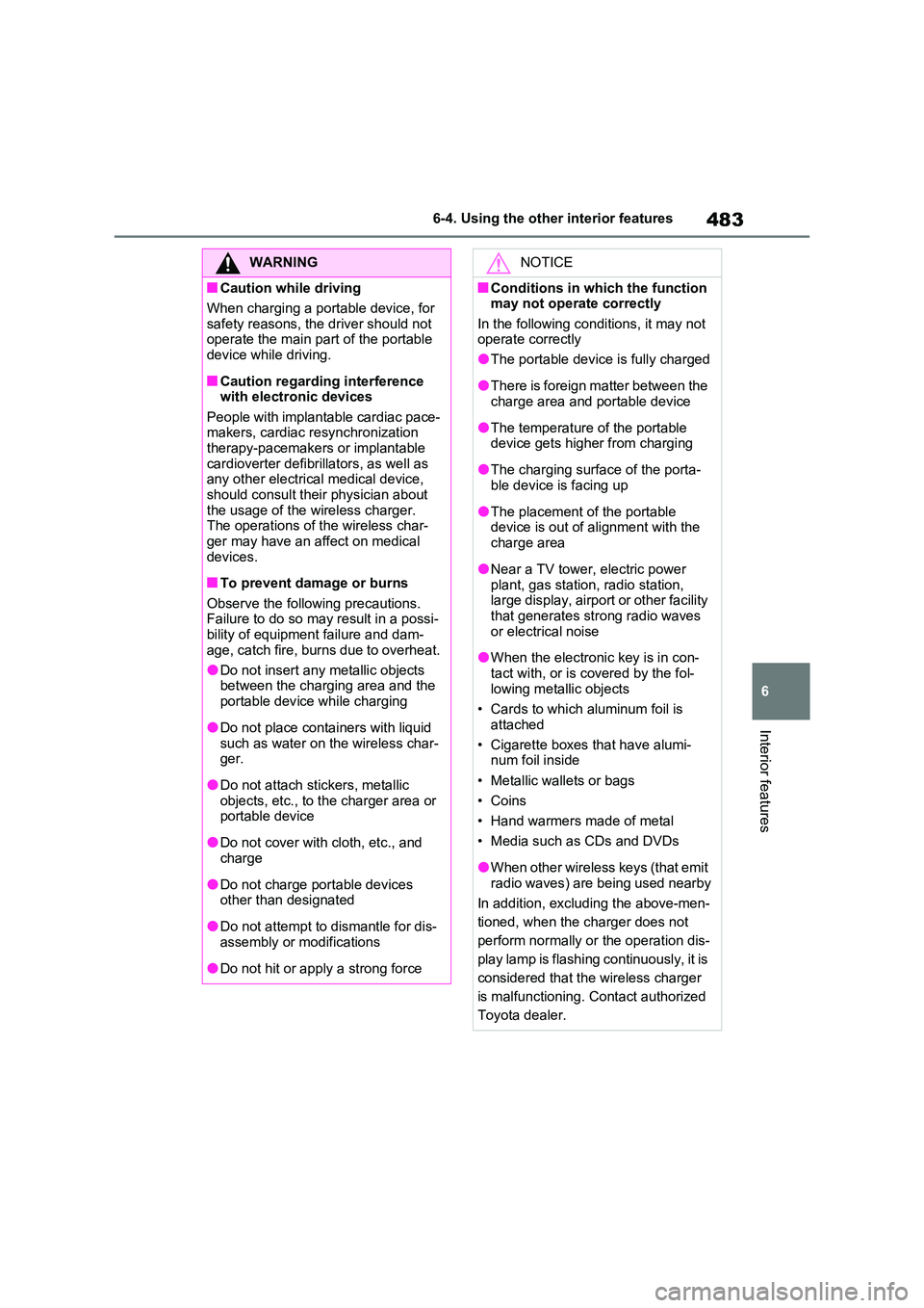 TOYOTA VERSO S 2011  Owners Manual 483
6 
6-4. Using the other interior features
Interior features
WARNING
■Caution while driving 
When charging a portable device, for  
safety reasons, the driver should not  operate the main part of
