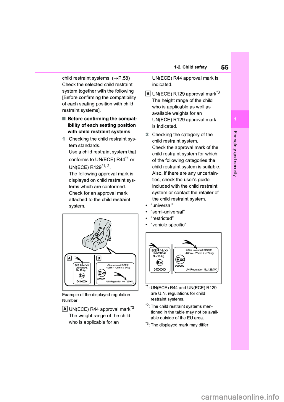 TOYOTA VERSO S 2011  Owners Manual 55
1 
1-2. Child safety
For safety and security
child restraint systems. ( P.58) 
Check the selected child restraint  
system together with the following  
[Before confirming the compatibility  
of