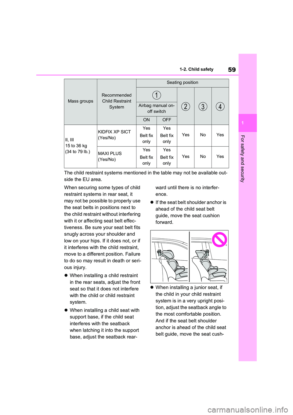TOYOTA VERSO S 2011  Owners Manual 59
1 
1-2. Child safety
For safety and security
The child restraint systems mentioned in the table may not be available out- 
side the EU area. 
When securing some types of child  
restraint systems i