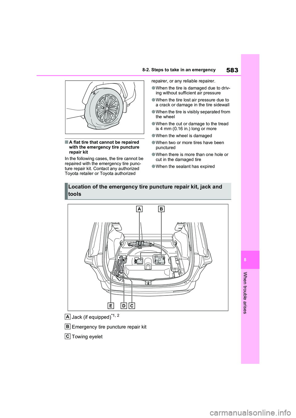 TOYOTA VERSO S 2011  Owners Manual 583
8 
8-2. Steps to take in an emergency
When trouble arises
■A flat tire that cannot be repaired  with the emergency tire puncture  
repair kit 
In the following cases, the tire cannot be  repaire